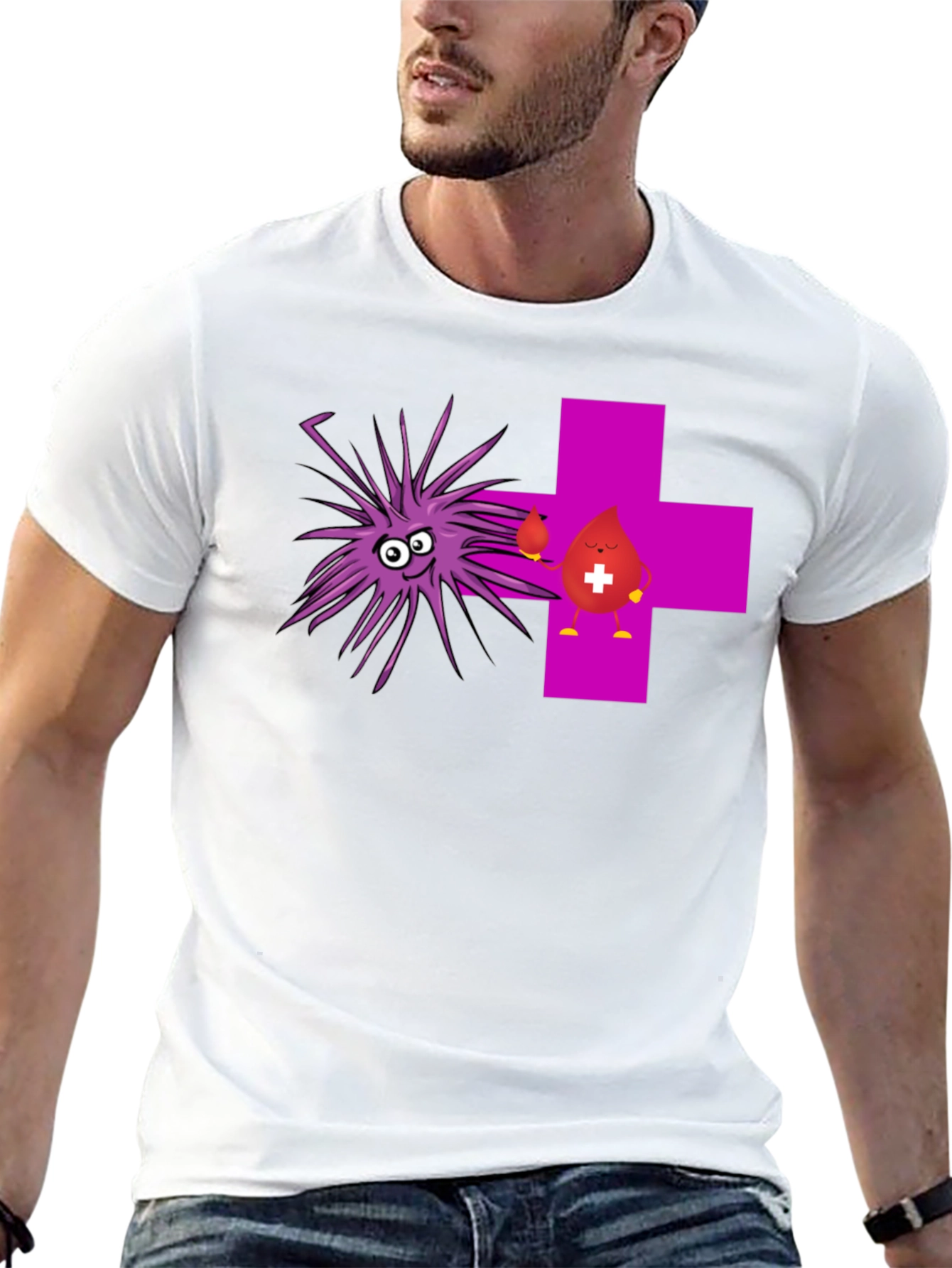Black Funny Black T-Shirt with Cartoon Germs and Blood Drop view 13