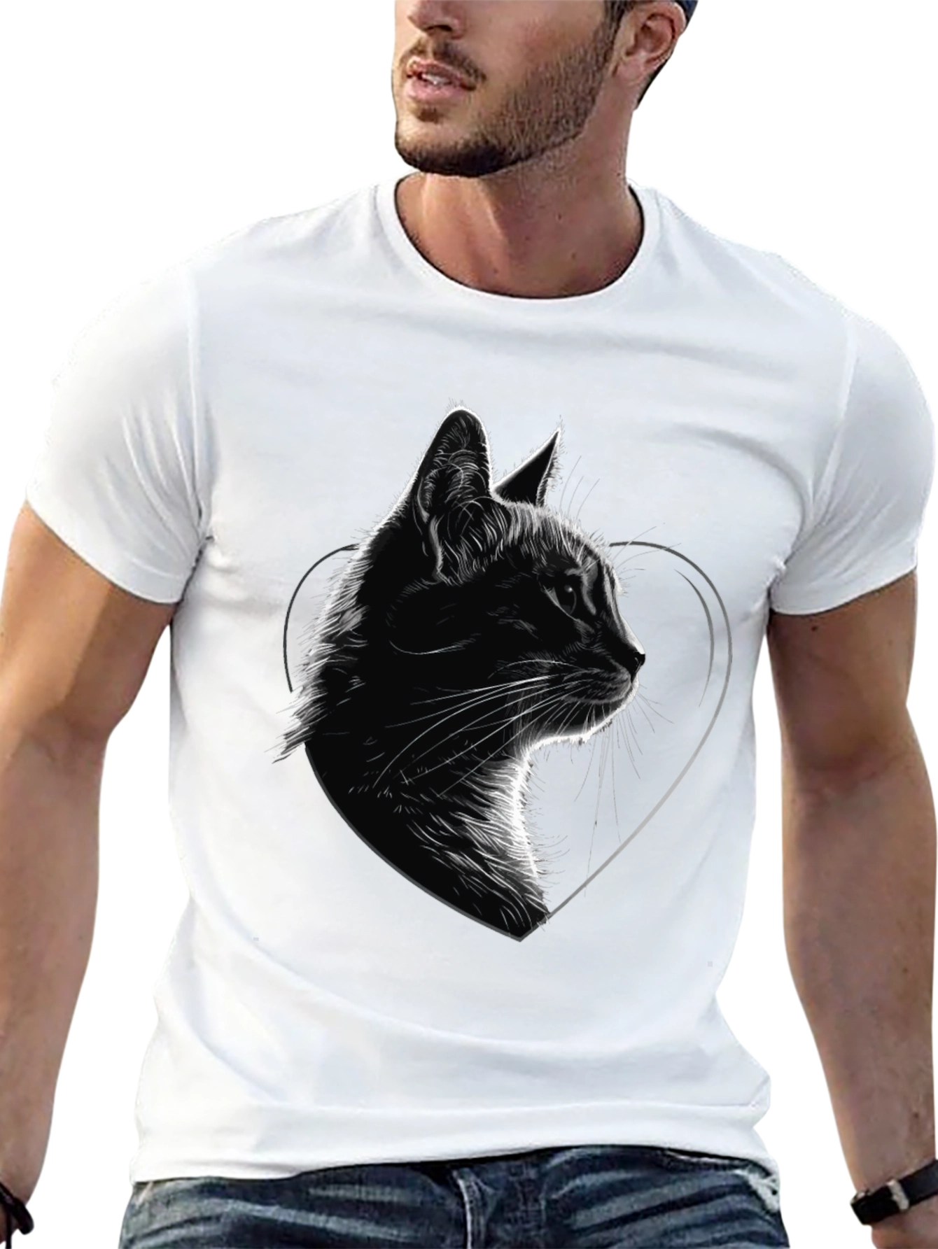 Black Cat Heart Graphic Tee - Black Cotton Blend T-Shirt view 13