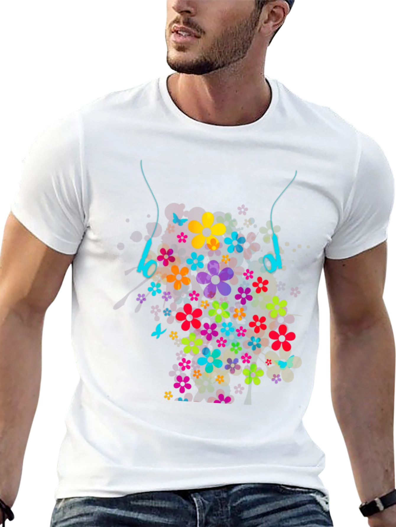 Black Floral Headphones Graphic T-Shirt view 13