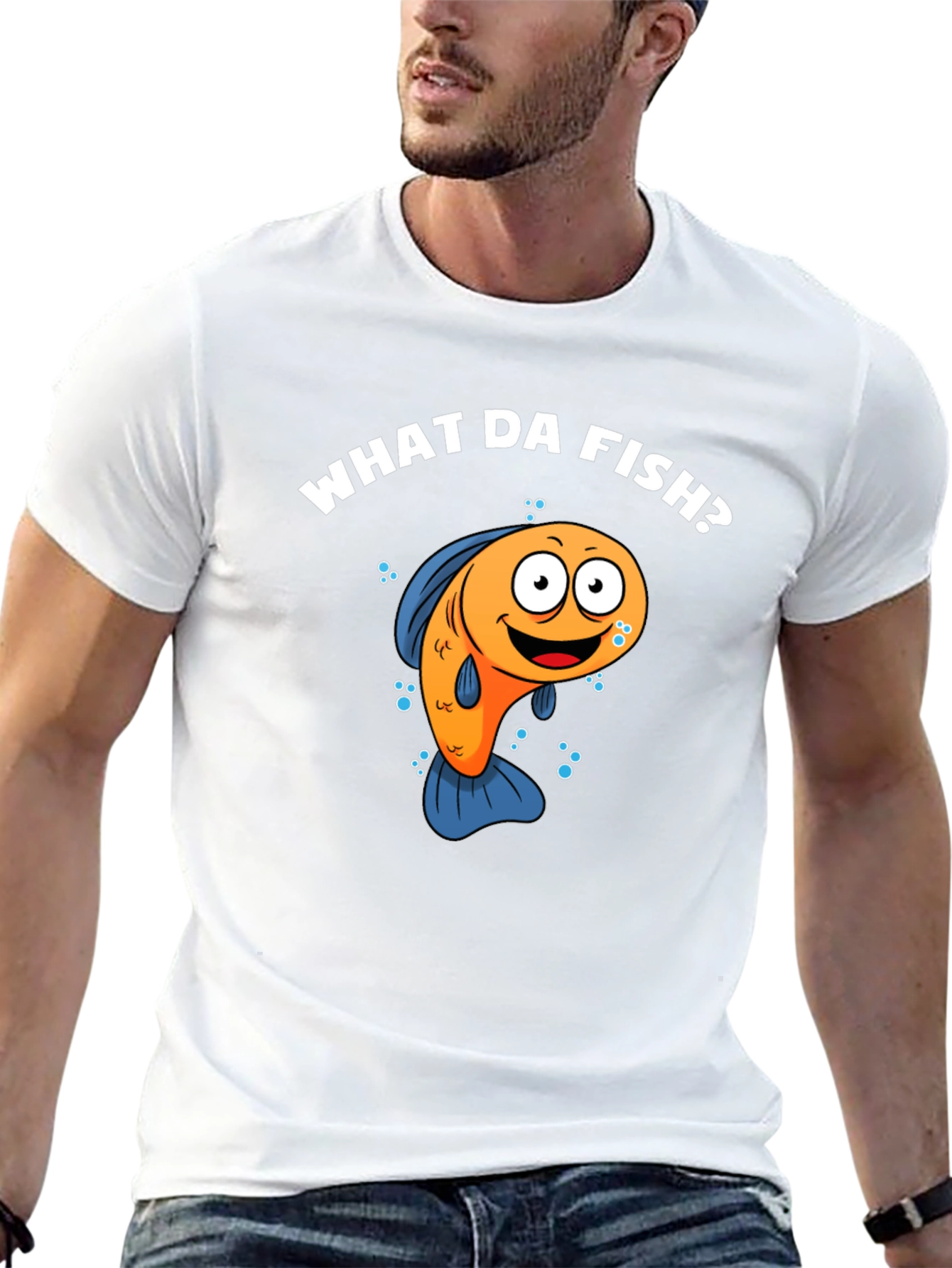 Black Funny What Da Fish? Cartoon Black T-Shirt view 13