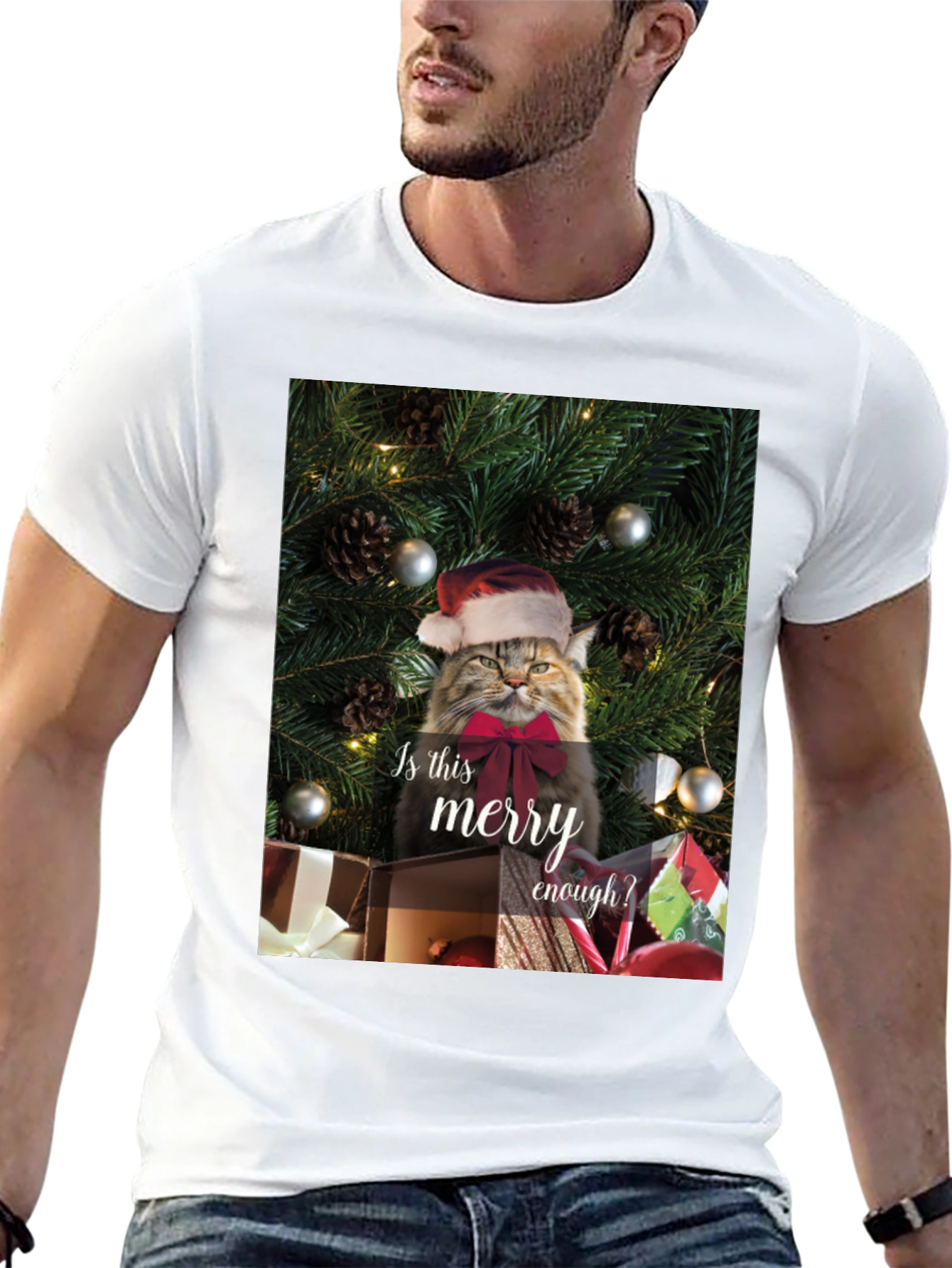 Black Merry Cat Christmas T-Shirt - Holiday Humor view 13
