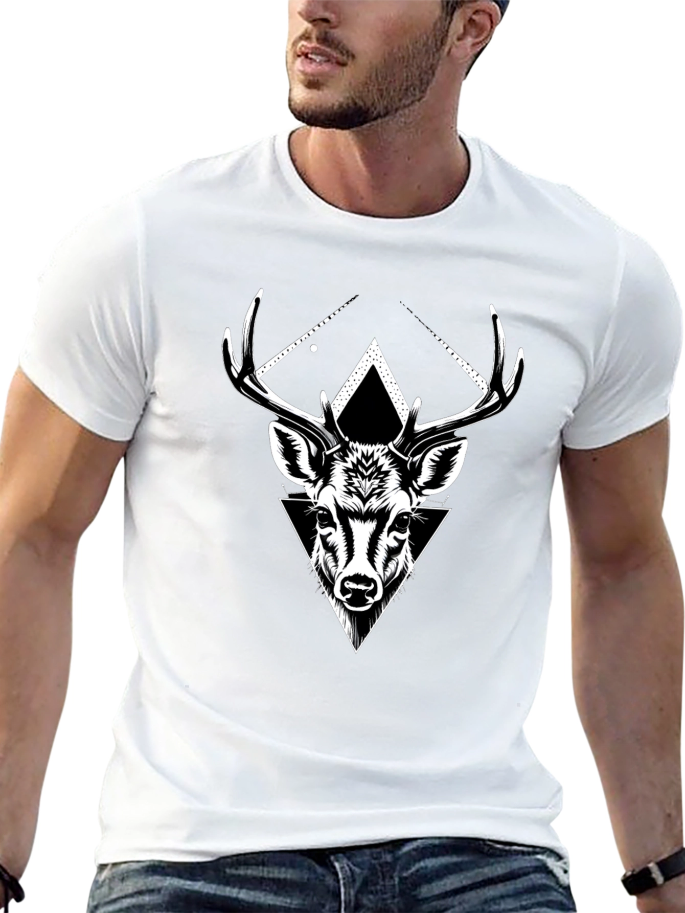 Black Geometric Deer Graphic Tee - Black Cotton Blend view 13