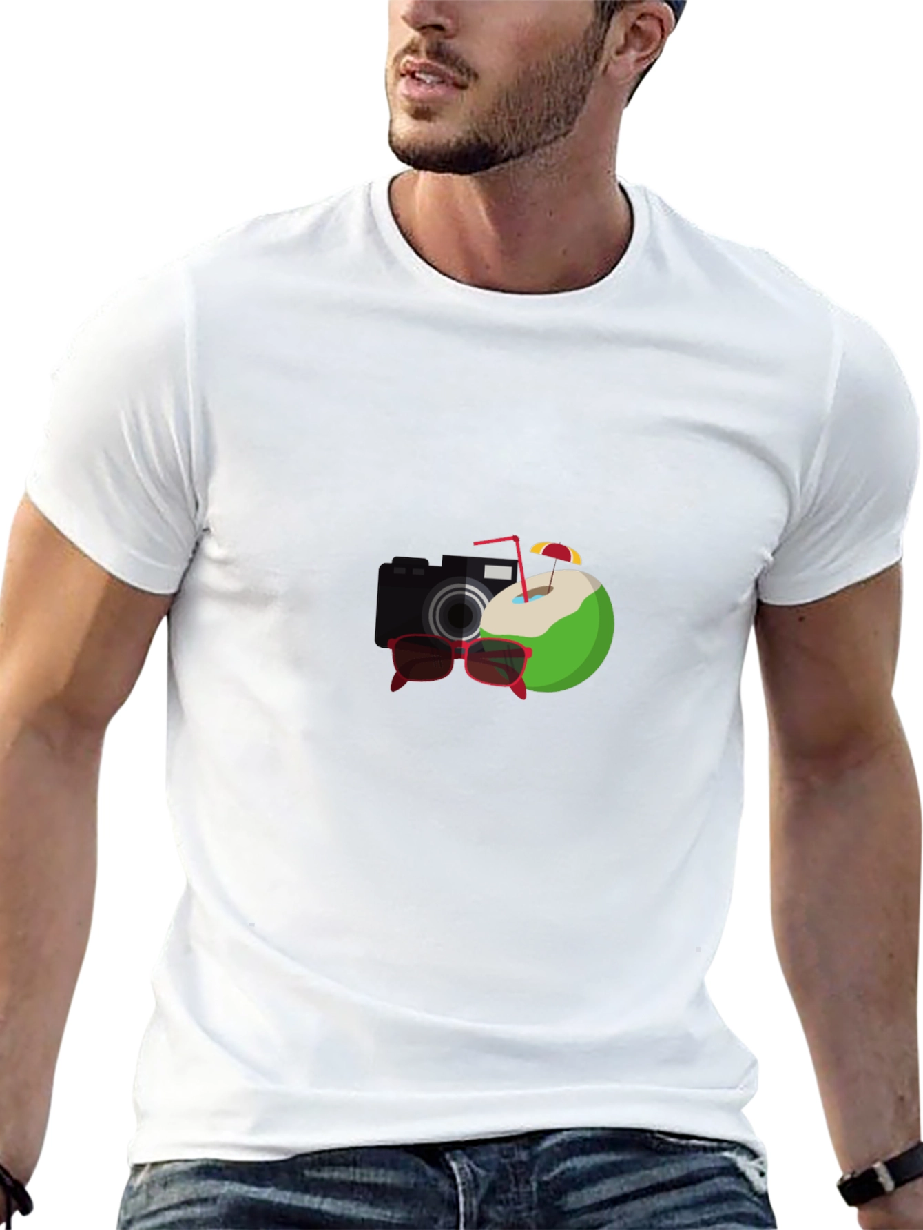 Black Summer Vibes Black T-Shirt: Camera, Coconut, Sunglasses Graphic view 13