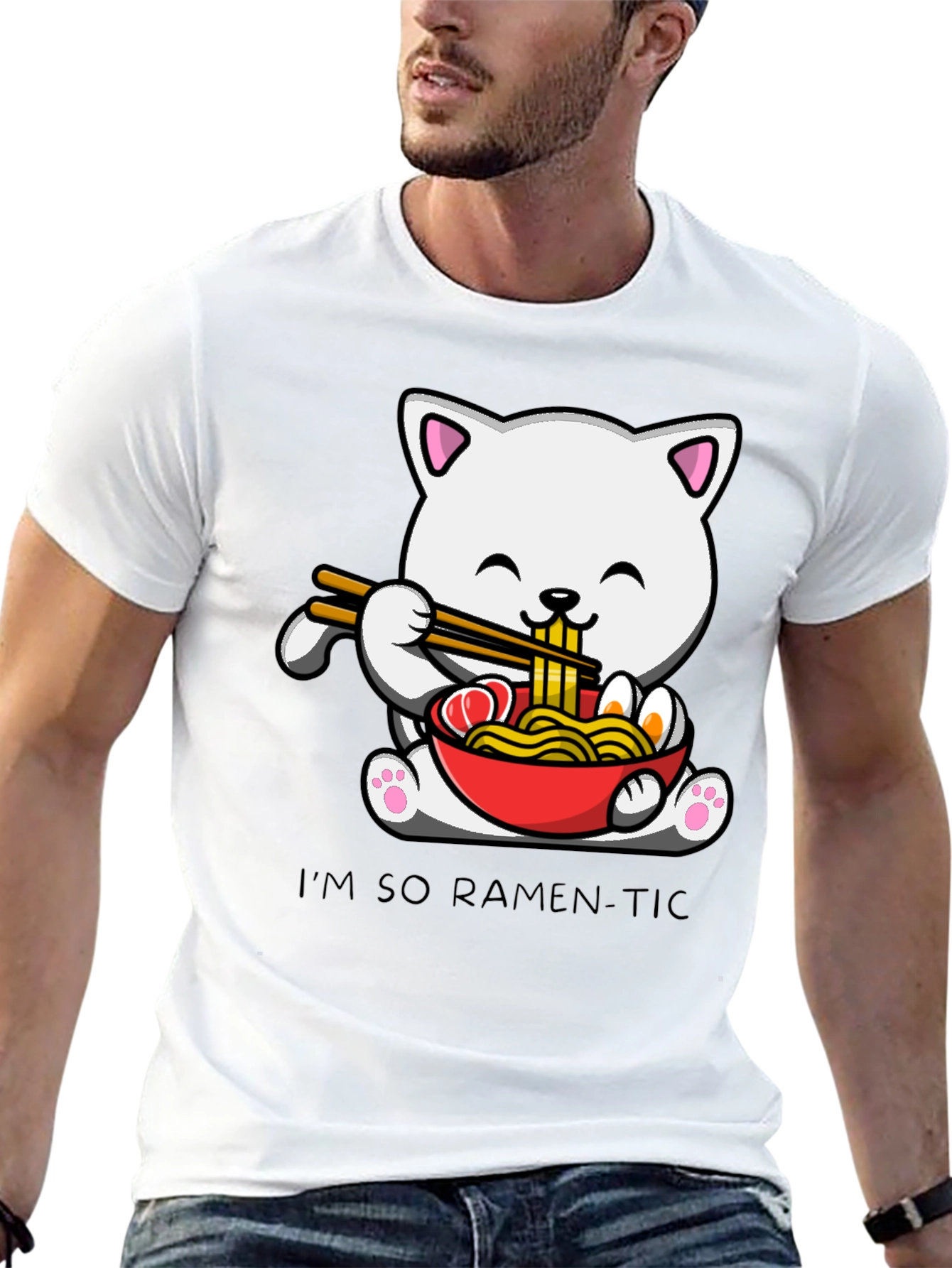 Black Ramen Cat T-Shirt - "I'm So Ramen-Tic" Graphic Tee view 13