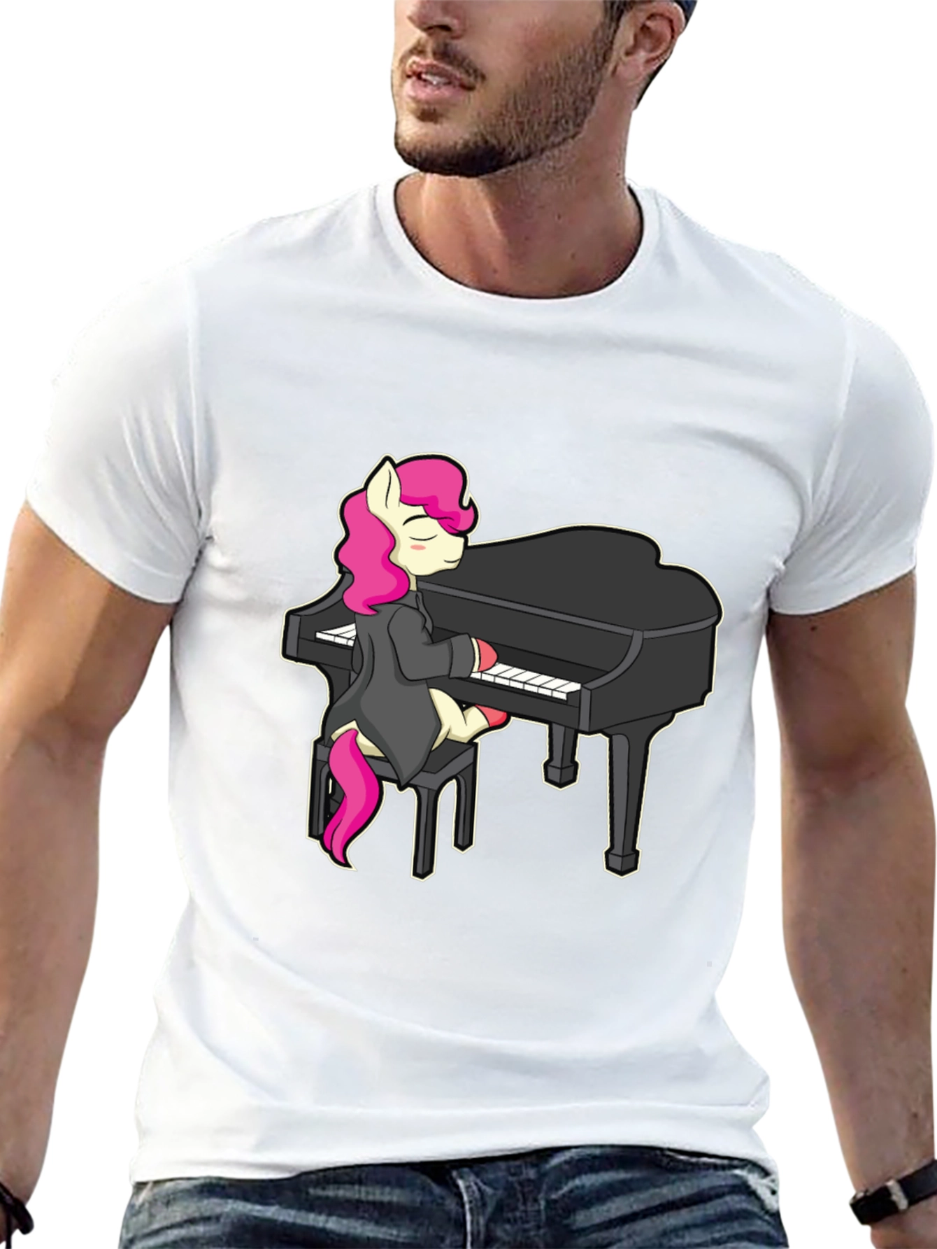 Black Pony Playing Piano T-Shirt - Cute Cartoon Design view 13