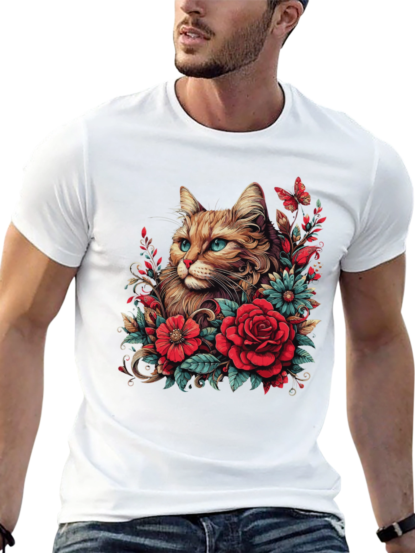 Black Cat & Floral Graphic Tee - Men's Black T-Shirt view 13