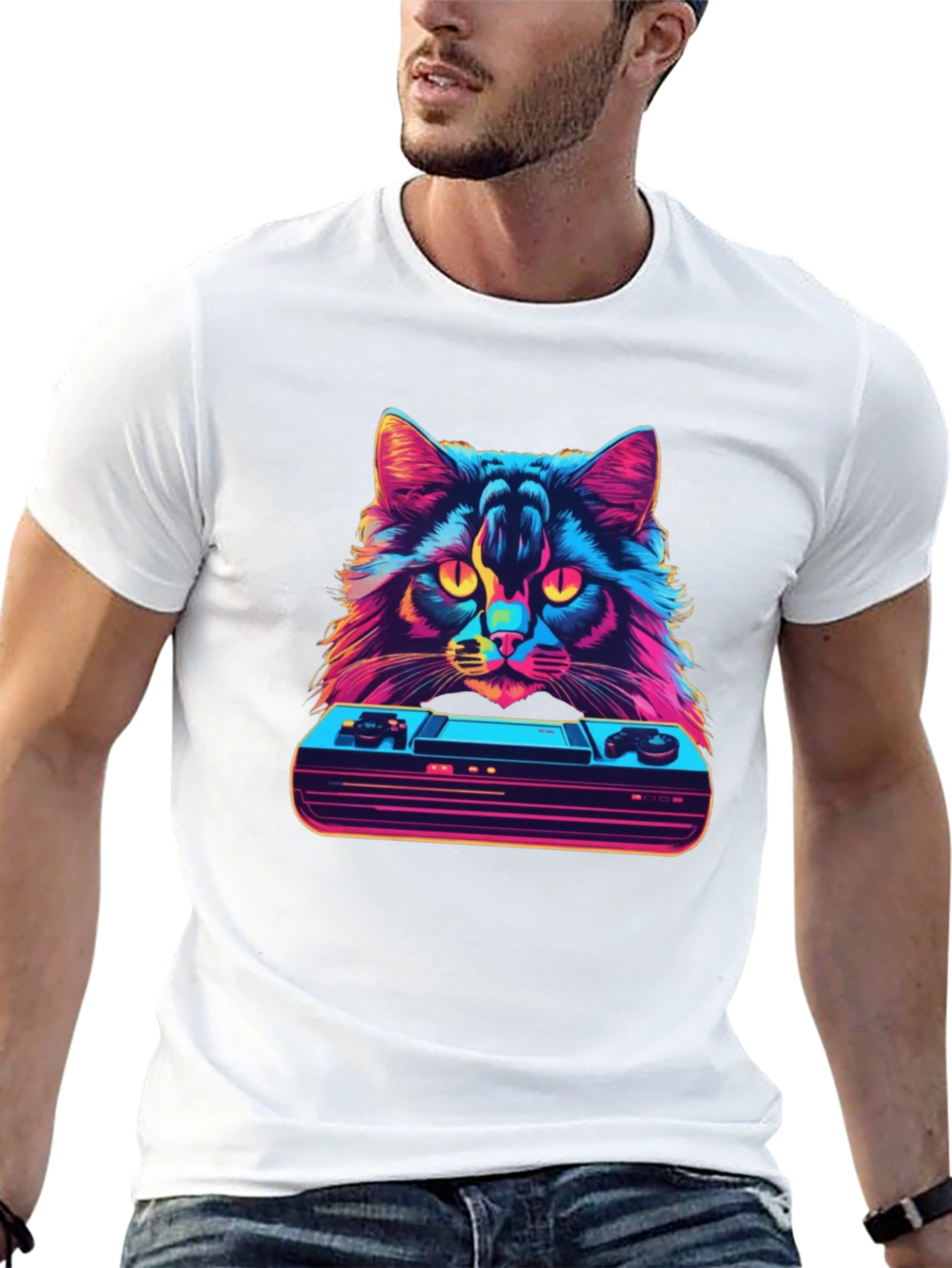 Black Retro Cat Gamer T-Shirt - Vintage Console Design view 13