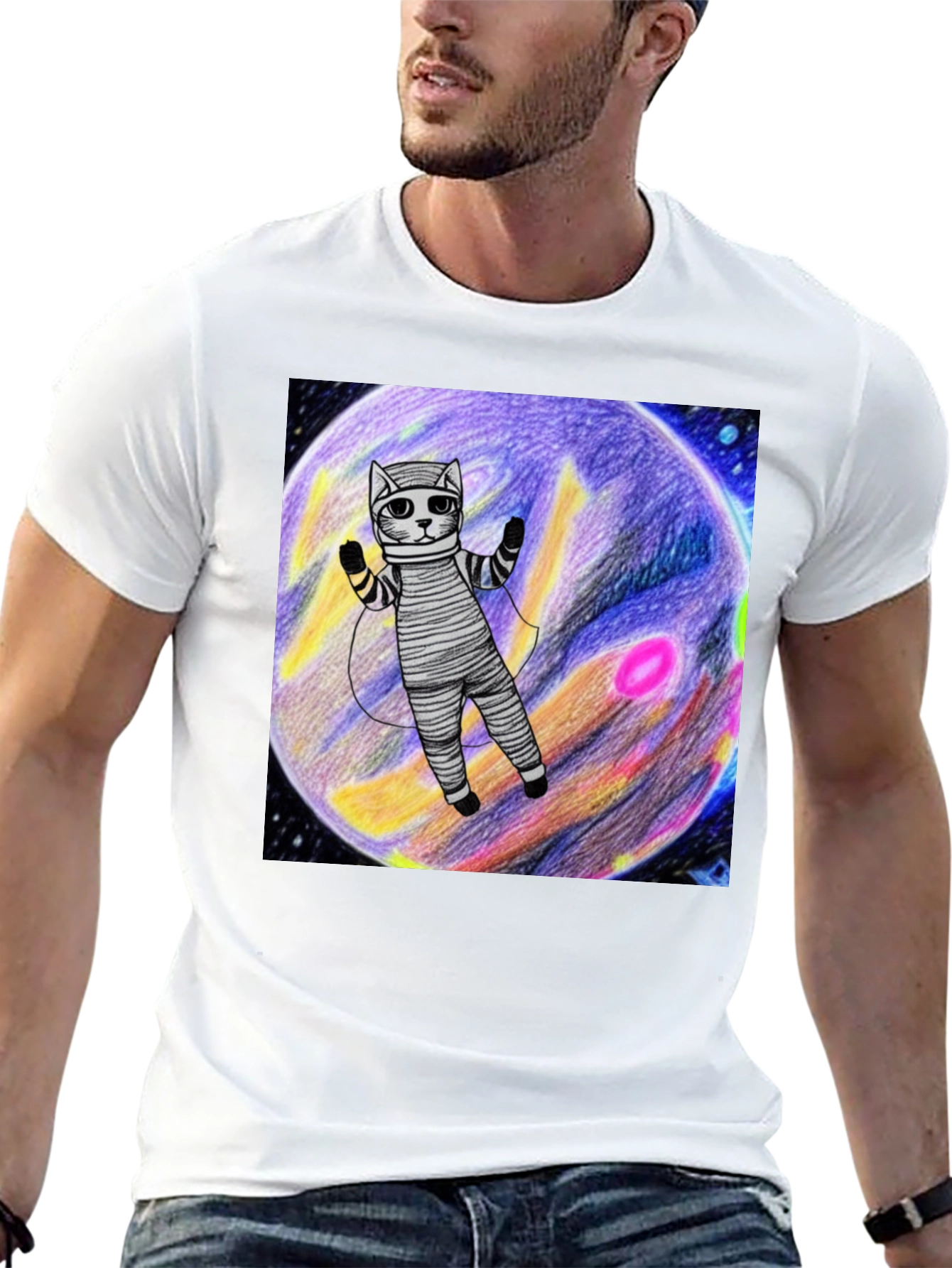 Black Cosmic Cat T-Shirt - Space Explorer Design view 13