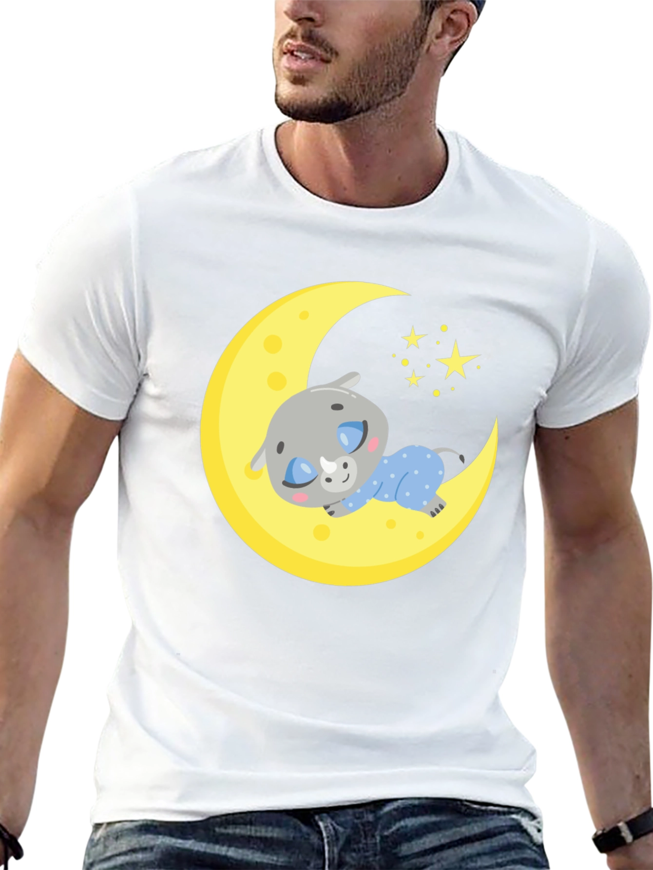 Black Cute Sleeping Rhino on Moon T-Shirt view 13
