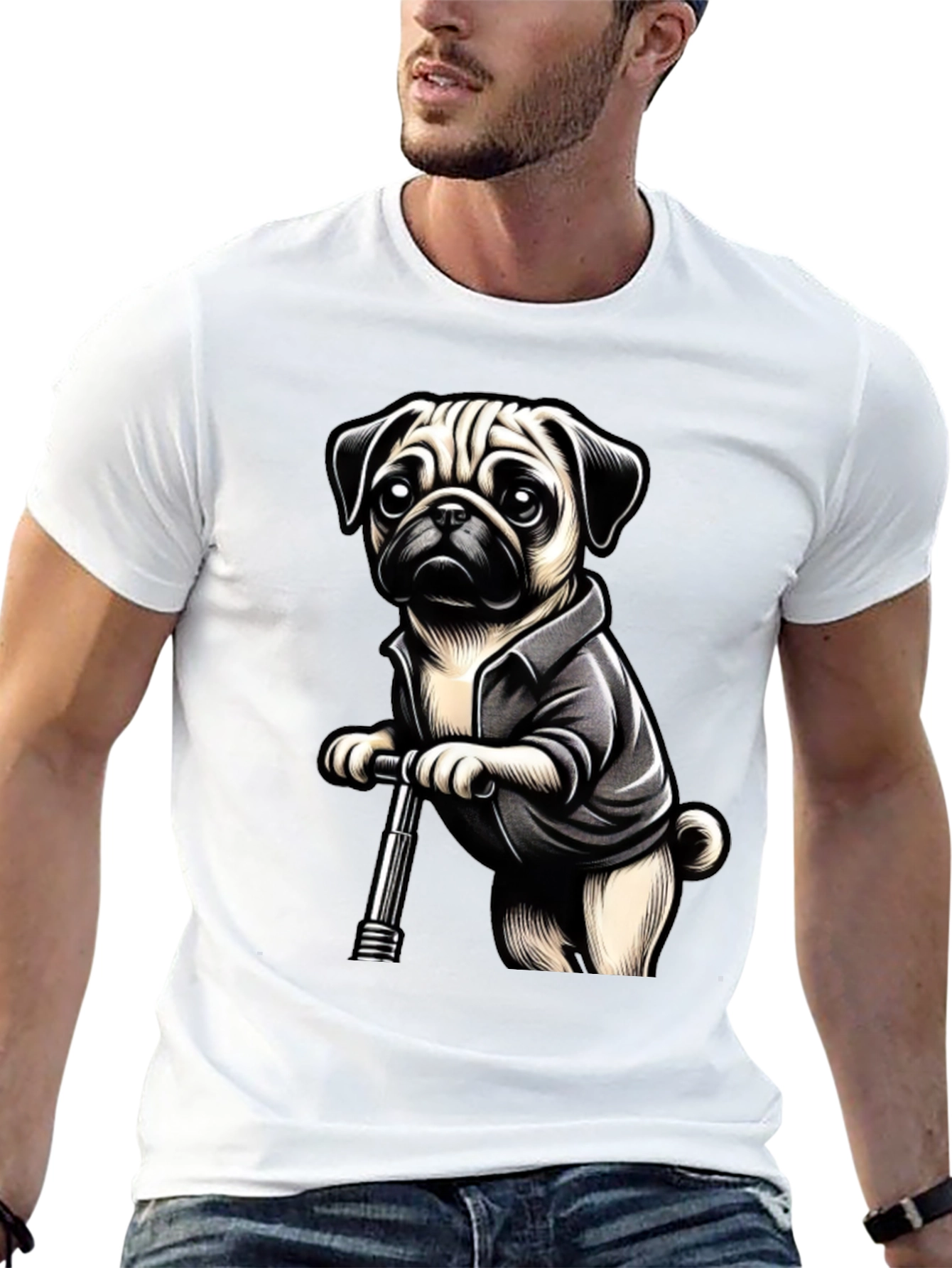 Black Pug on Scooter Graphic Tee - Black Cotton Blend view 13