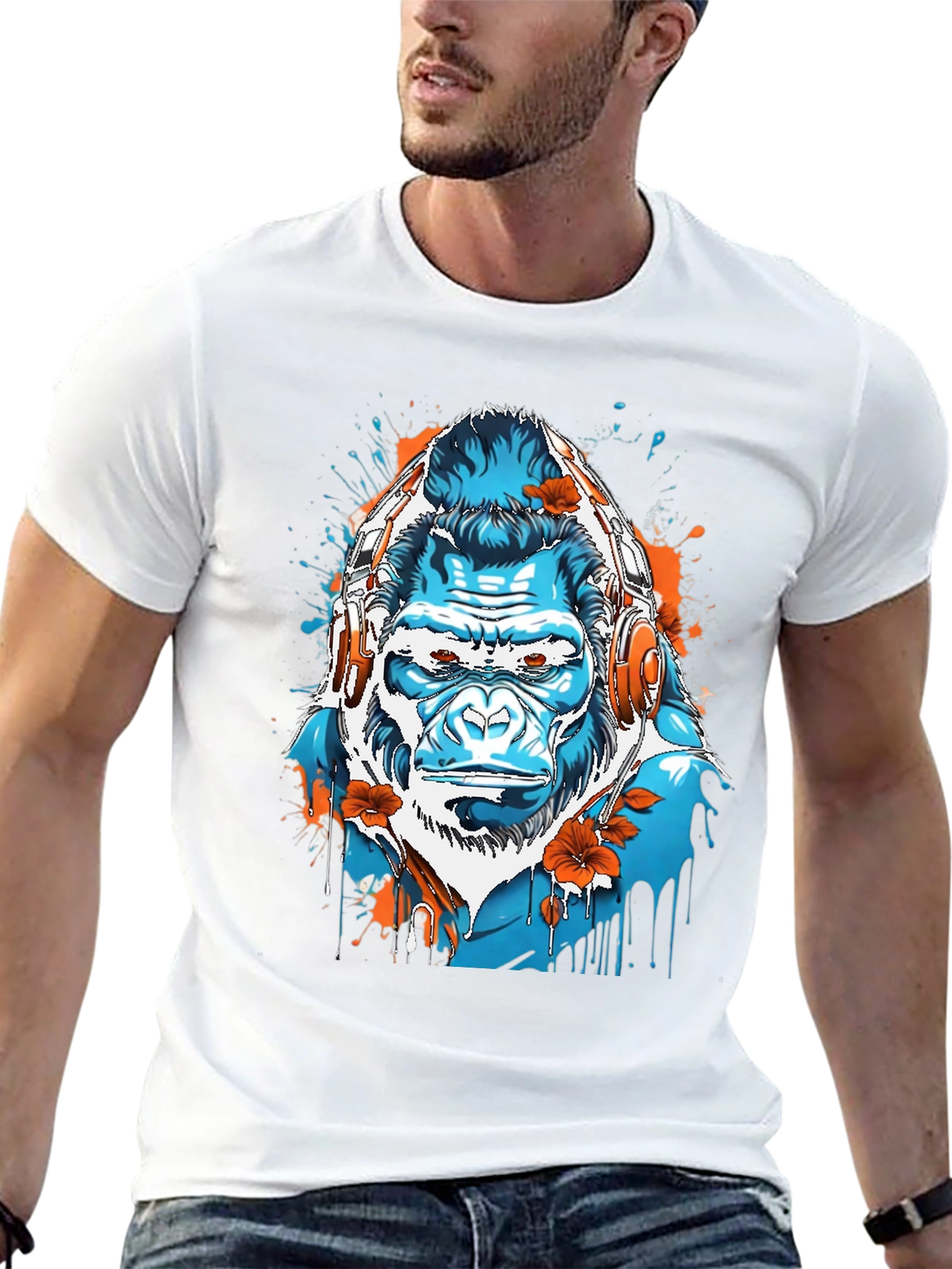 Black Cool Gorilla with Headphones Graphic Tee view 13
