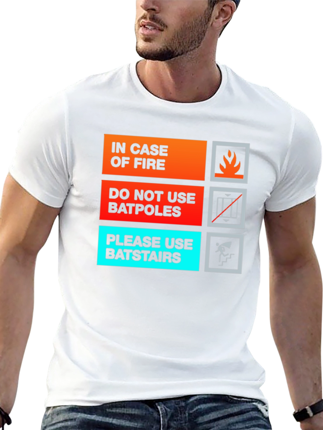 Black Humorous In Case of Fire T-Shirt - Batpole/Batstair Design view 13