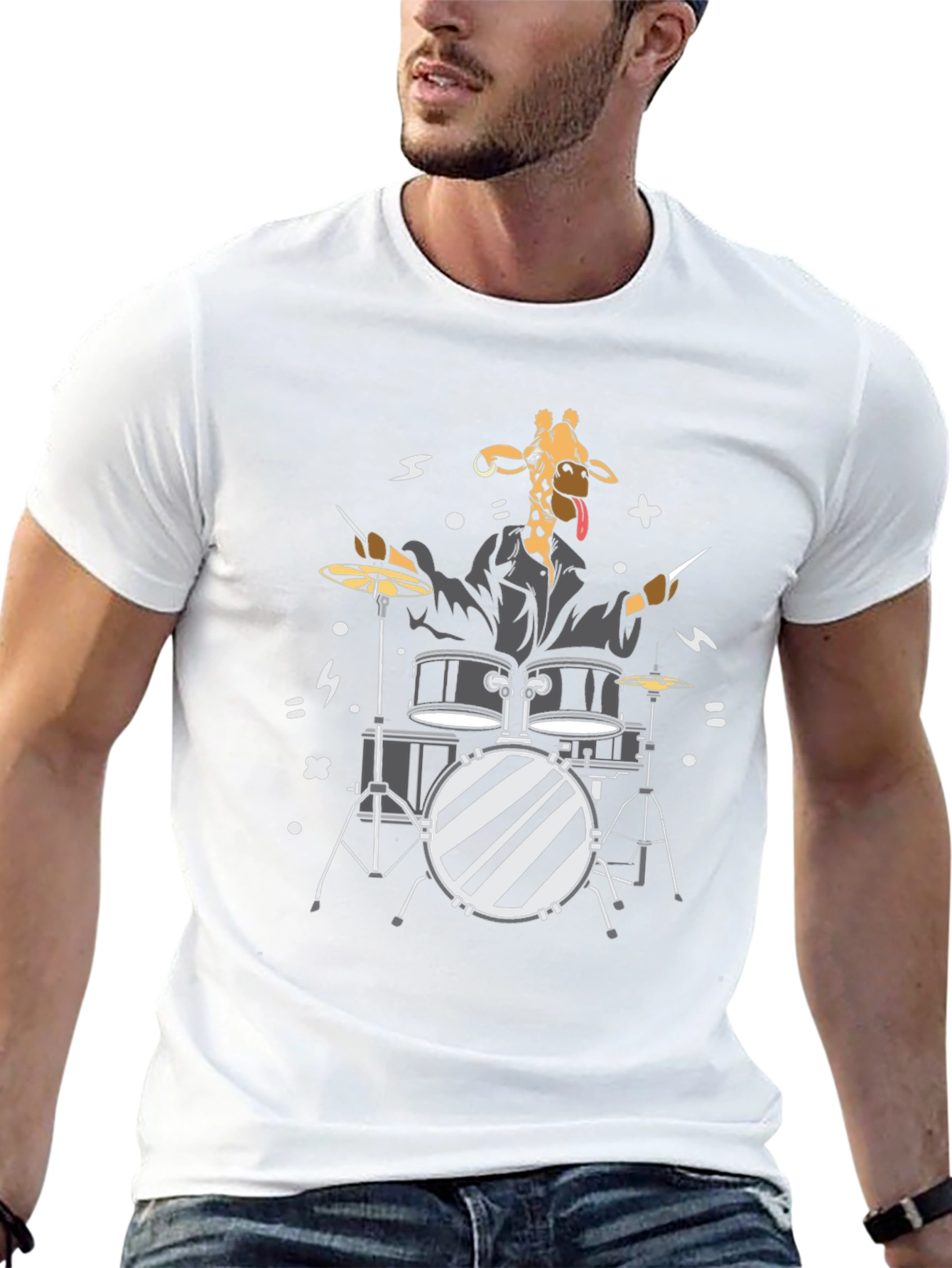 Black Giraffe Drummer Graphic T-Shirt - Black Cotton Tee view 13