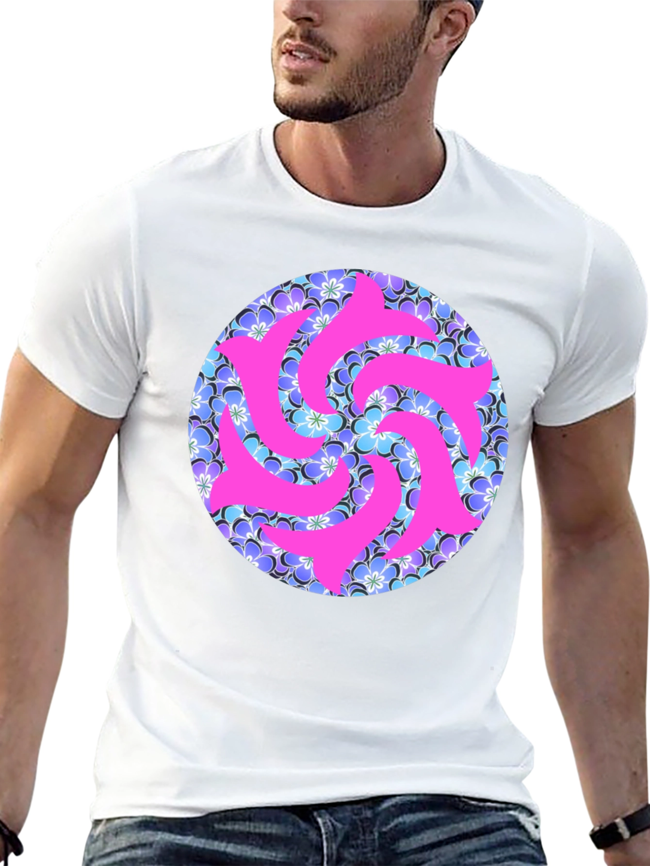 Black Vibrant Floral & Abstract Pink Swirl T-Shirt view 13