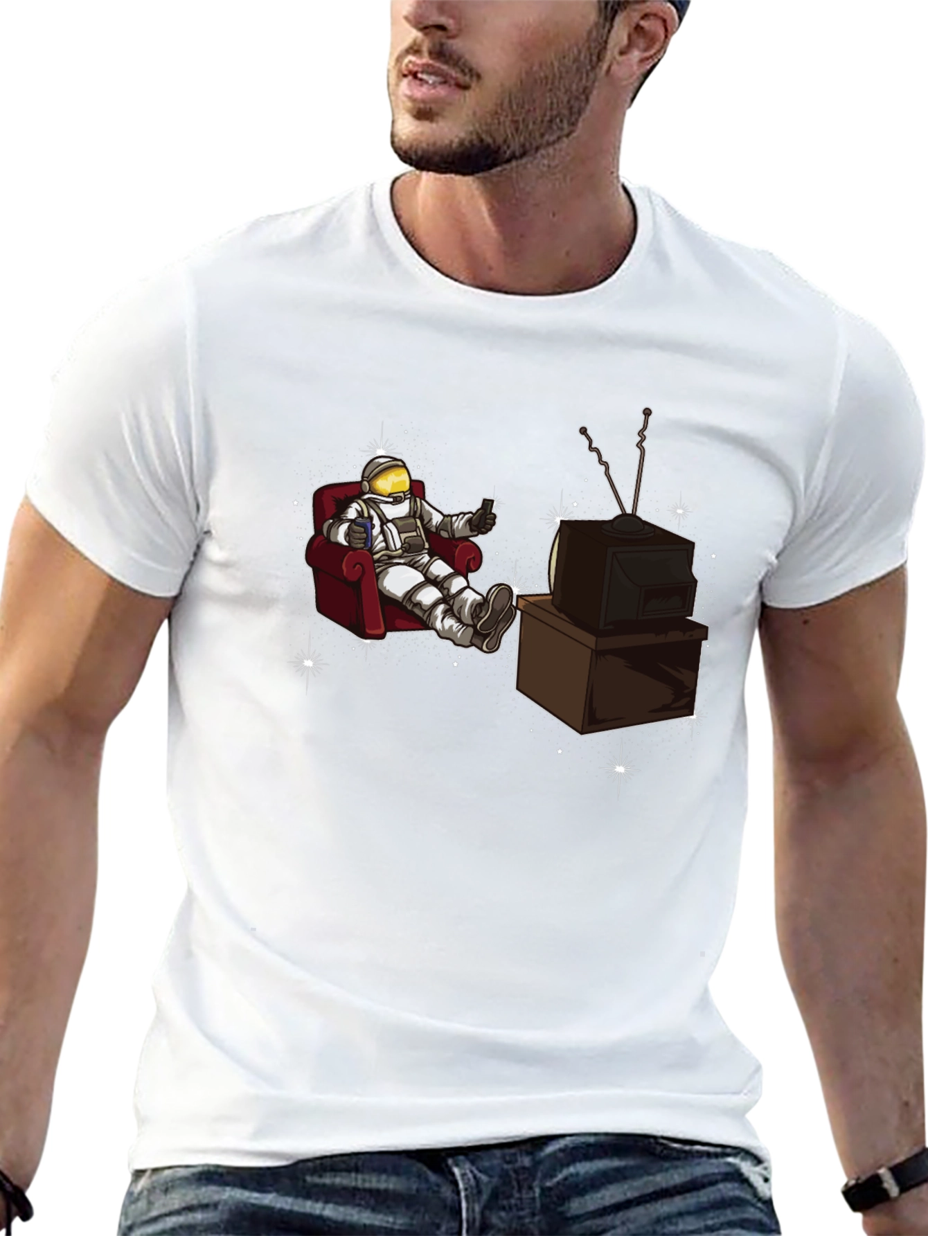 Black Astronaut Watching TV Graphic T-Shirt view 13