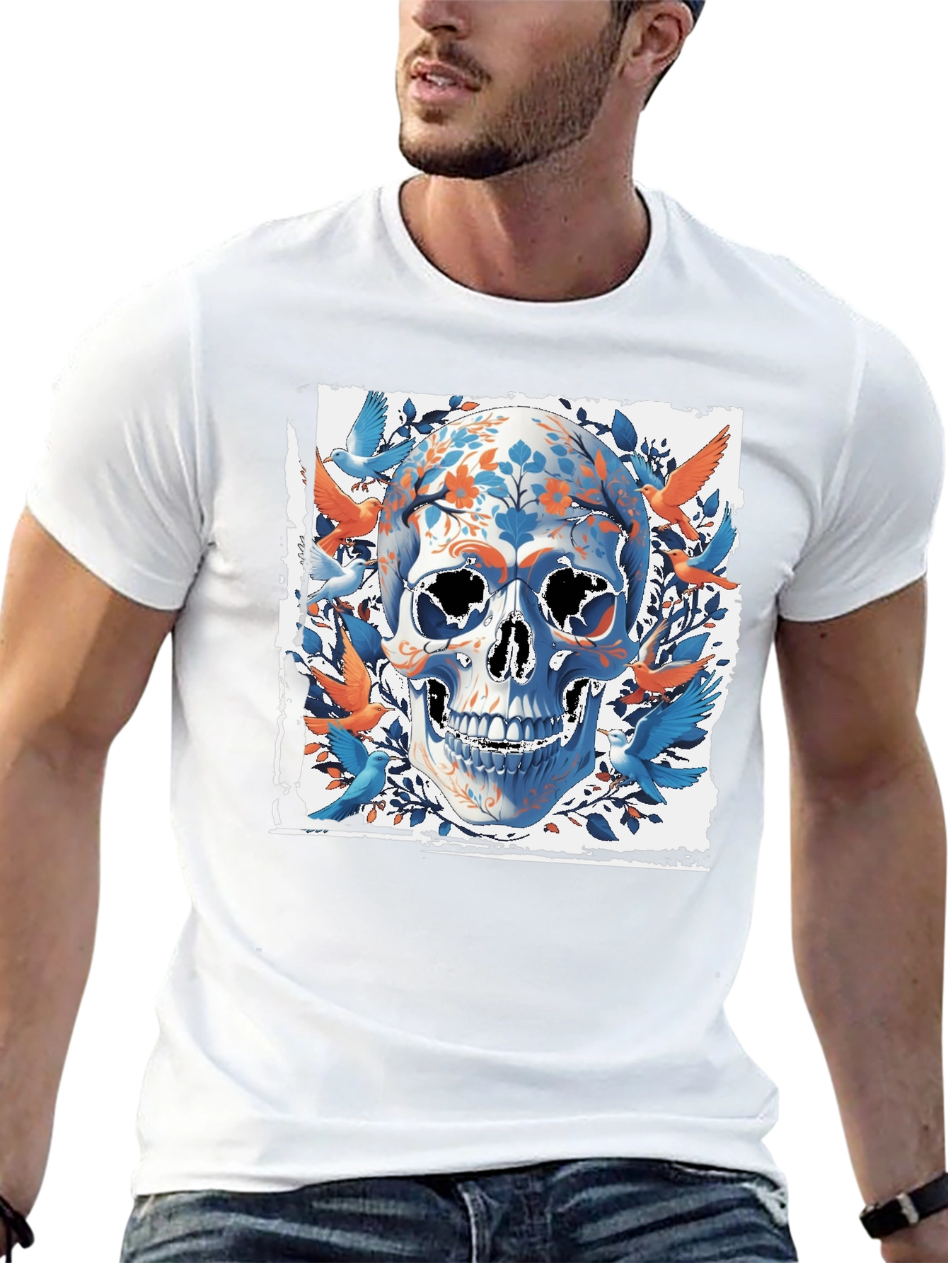 Black Floral Skull & Birds Graphic Tee - Unique Design view 13