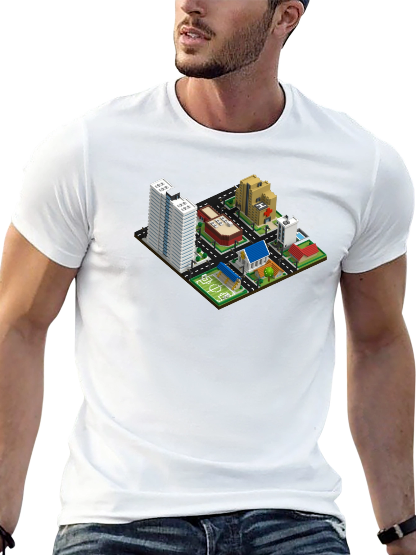 Black Isometric Cityscape Graphic Tee - Black Cotton T-Shirt view 13