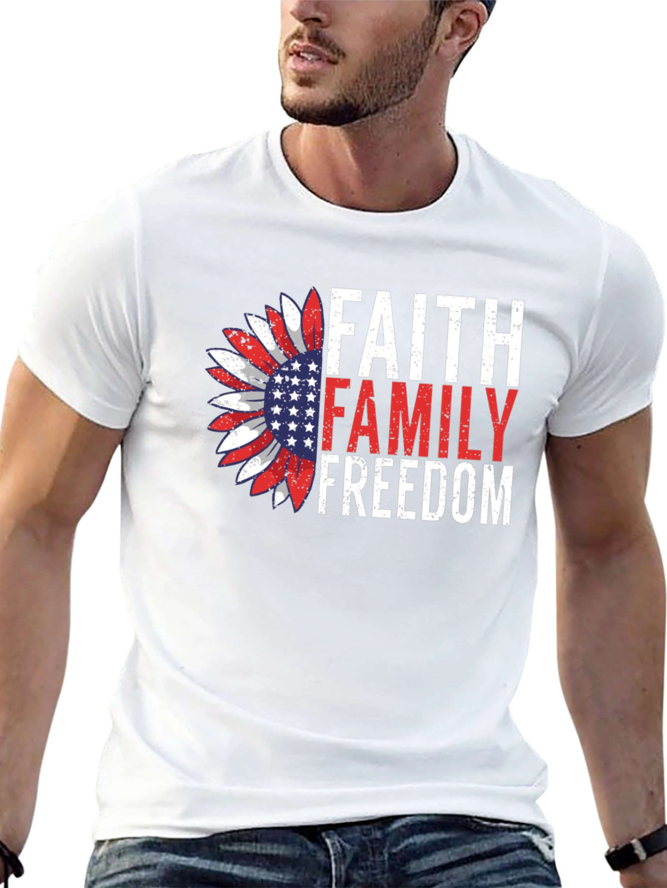 Black Faith Family Freedom Graphic Tee - Patriotic Sunflower Design view 13