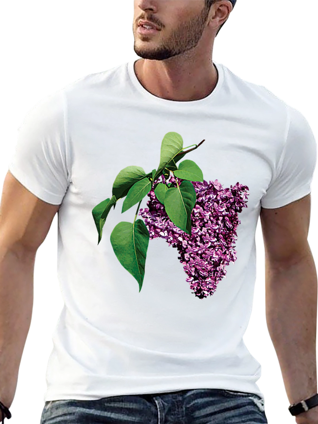 Black Lilac Blossom Graphic Tee - Black Cotton Casual Wear view 13