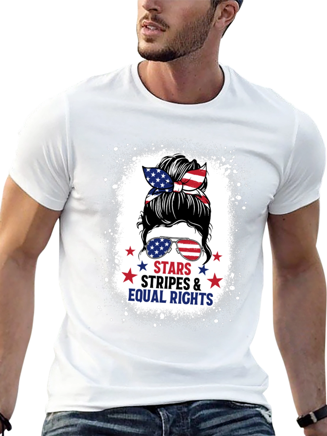 Black Stars Stripes & Equal Rights Messy Bun T-Shirt view 13