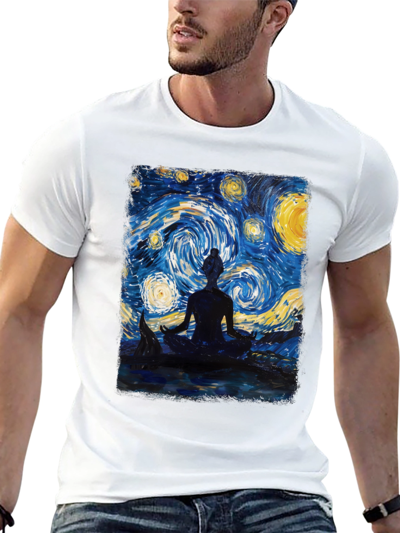 Black Starry Night Meditation T-Shirt view 13