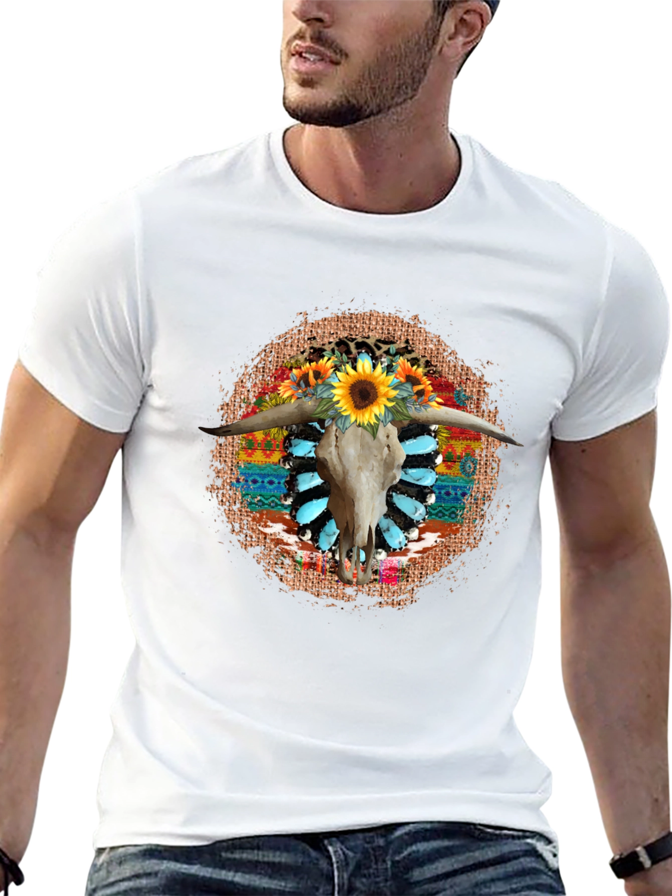 Black Rustic Steer Skull Sunflower Graphic Tee view 13