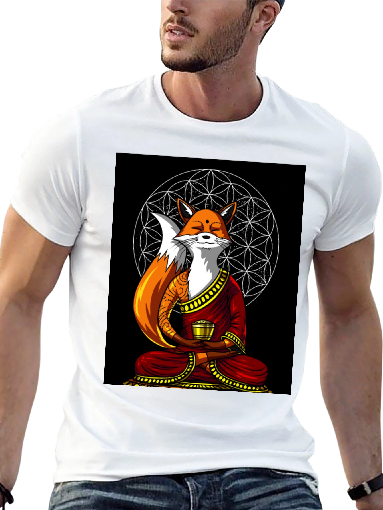 Black Zen Fox T-Shirt - Meditating Design view 13