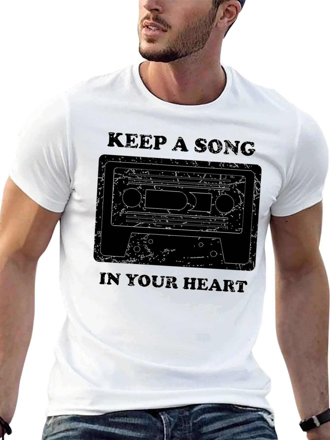 Black Retro Music Cassette T-Shirt - Keep A Song In Your Heart view 13