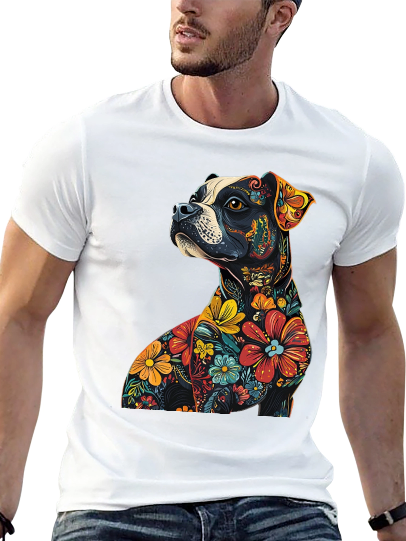 Black Floral Dog Graphic Tee - Unique Black T-Shirt view 13