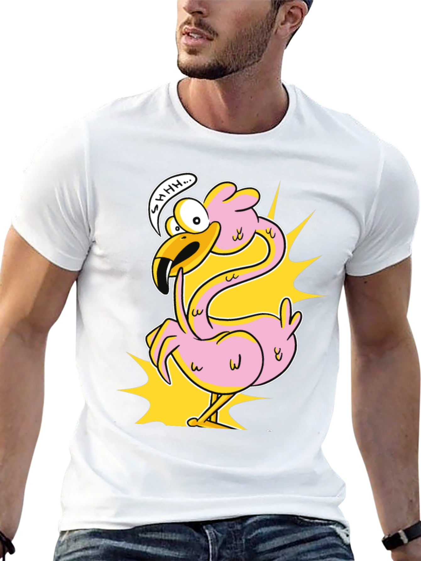 Black Shhh! Flamingo Cartoon Graphic T-Shirt view 13