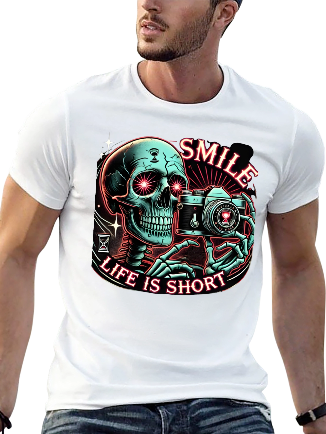 Black Smile Life is Short Graphic Tee - Camera Skeleton T-Shirt view 13