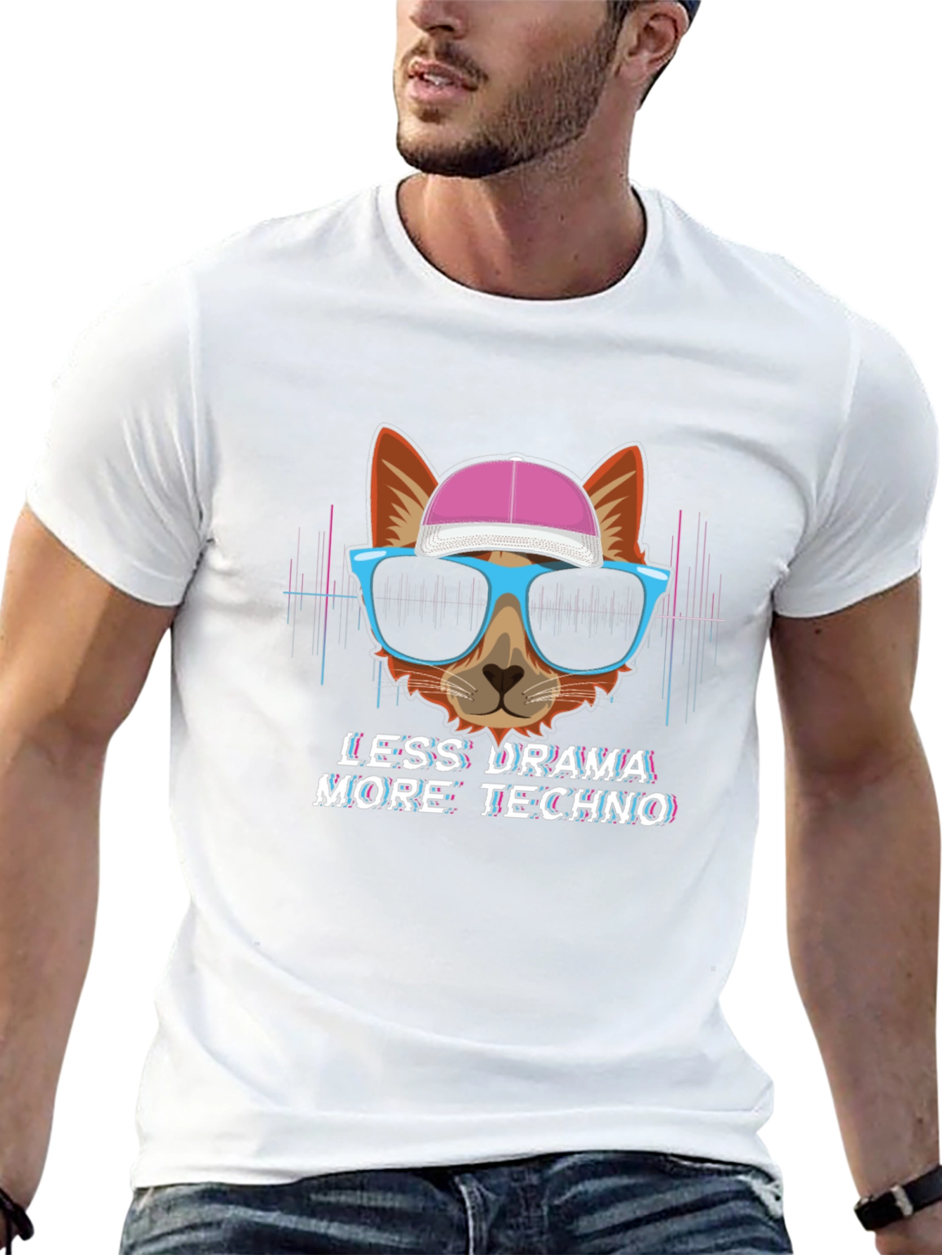 Black Less Drama More Techno T-Shirt - Cat with Glasses view 13