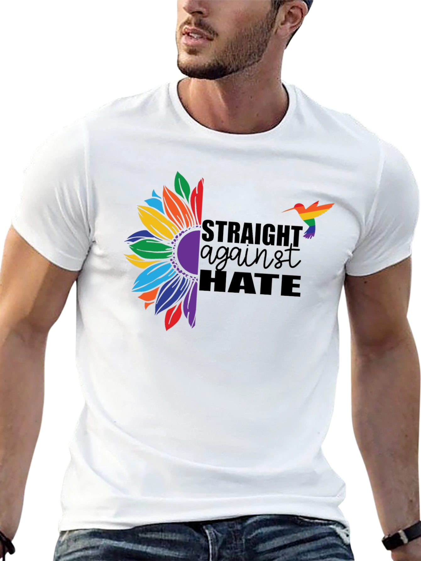 Black Straight Against Hate Sunflower Pride T-Shirt view 13