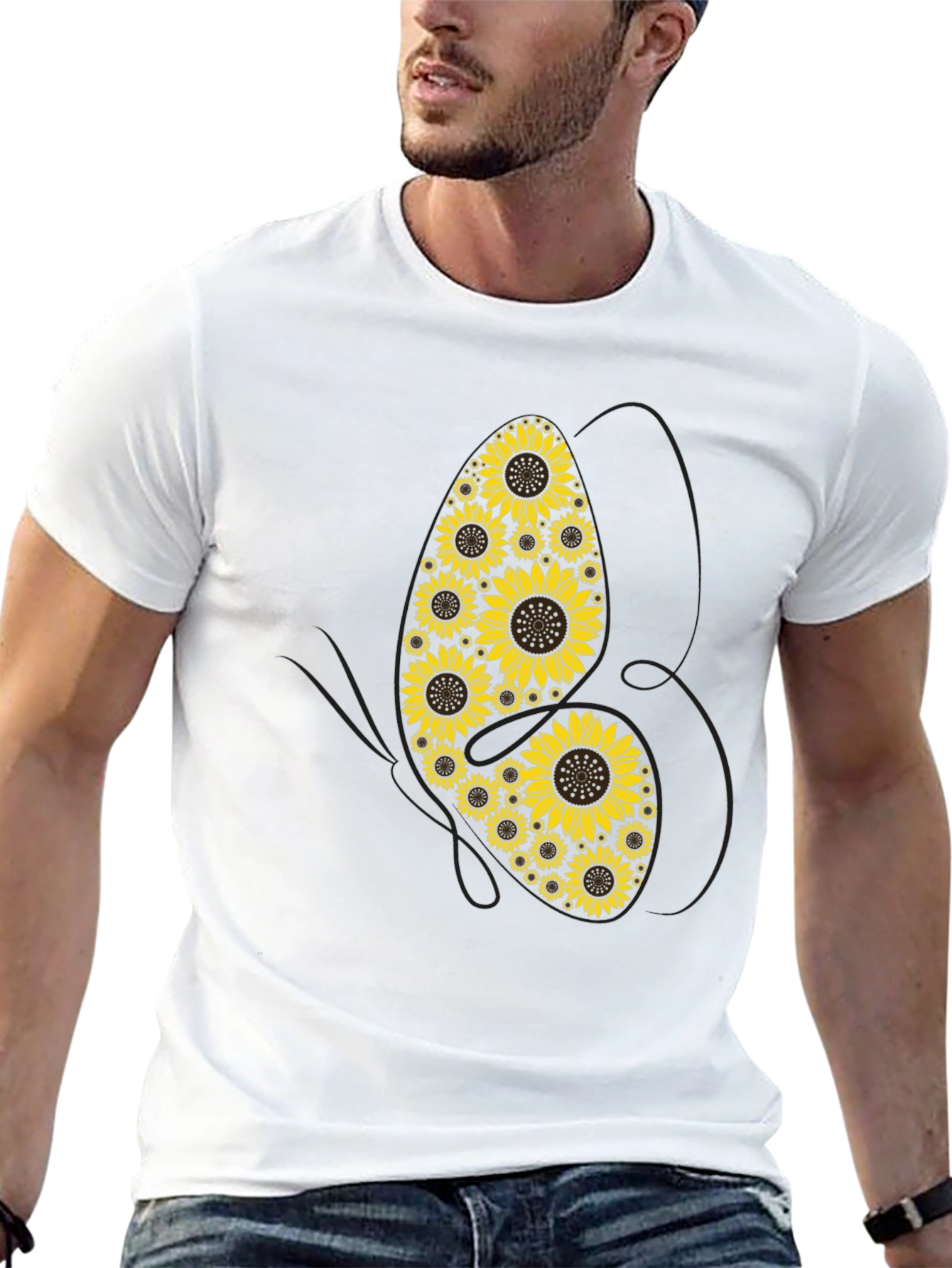 Black Sunflower Butterfly Graphic Tee - Unisex Cotton T-Shirt view 13