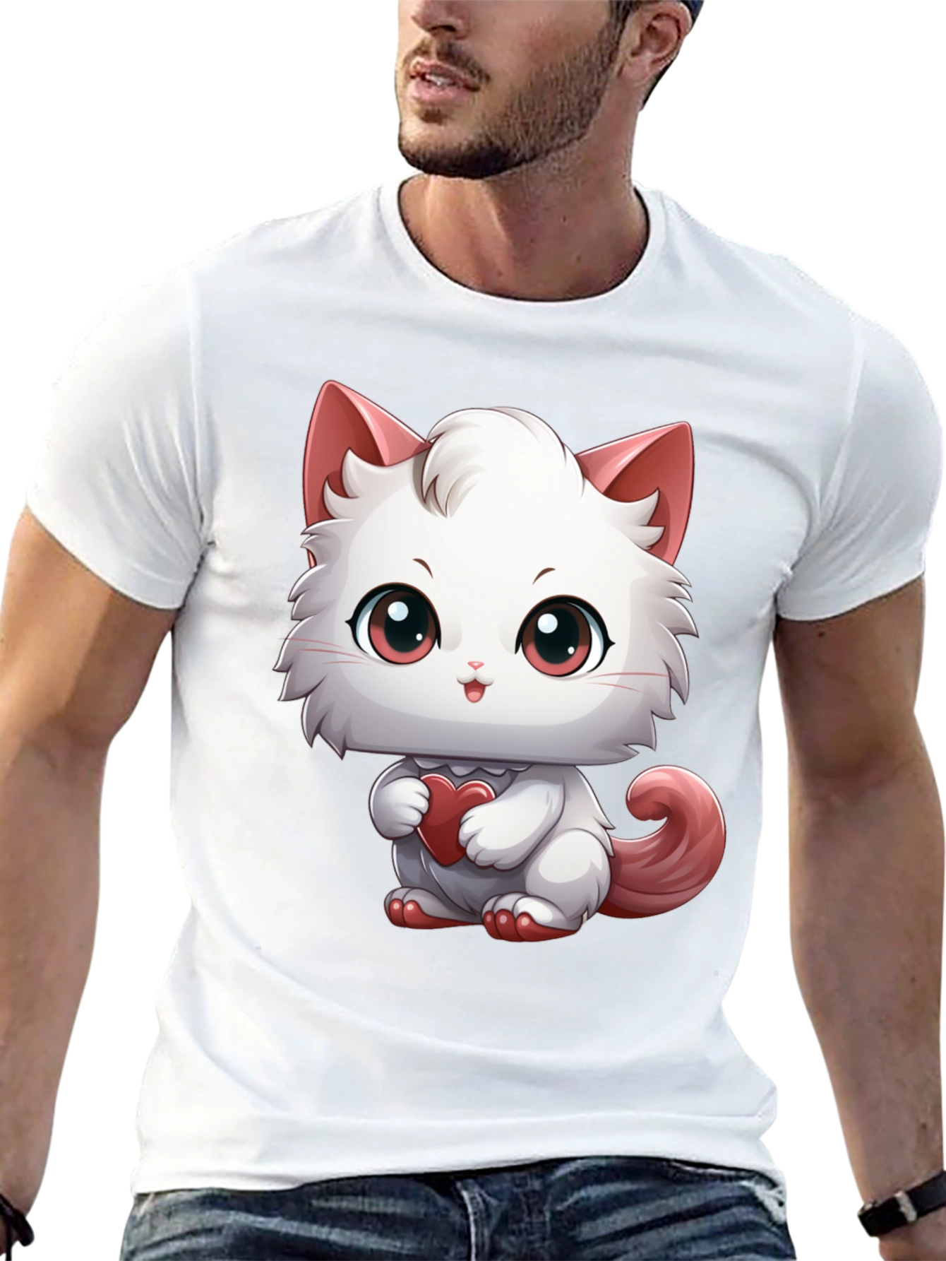 Black Cute Cartoon Cat Heart T-Shirt view 13