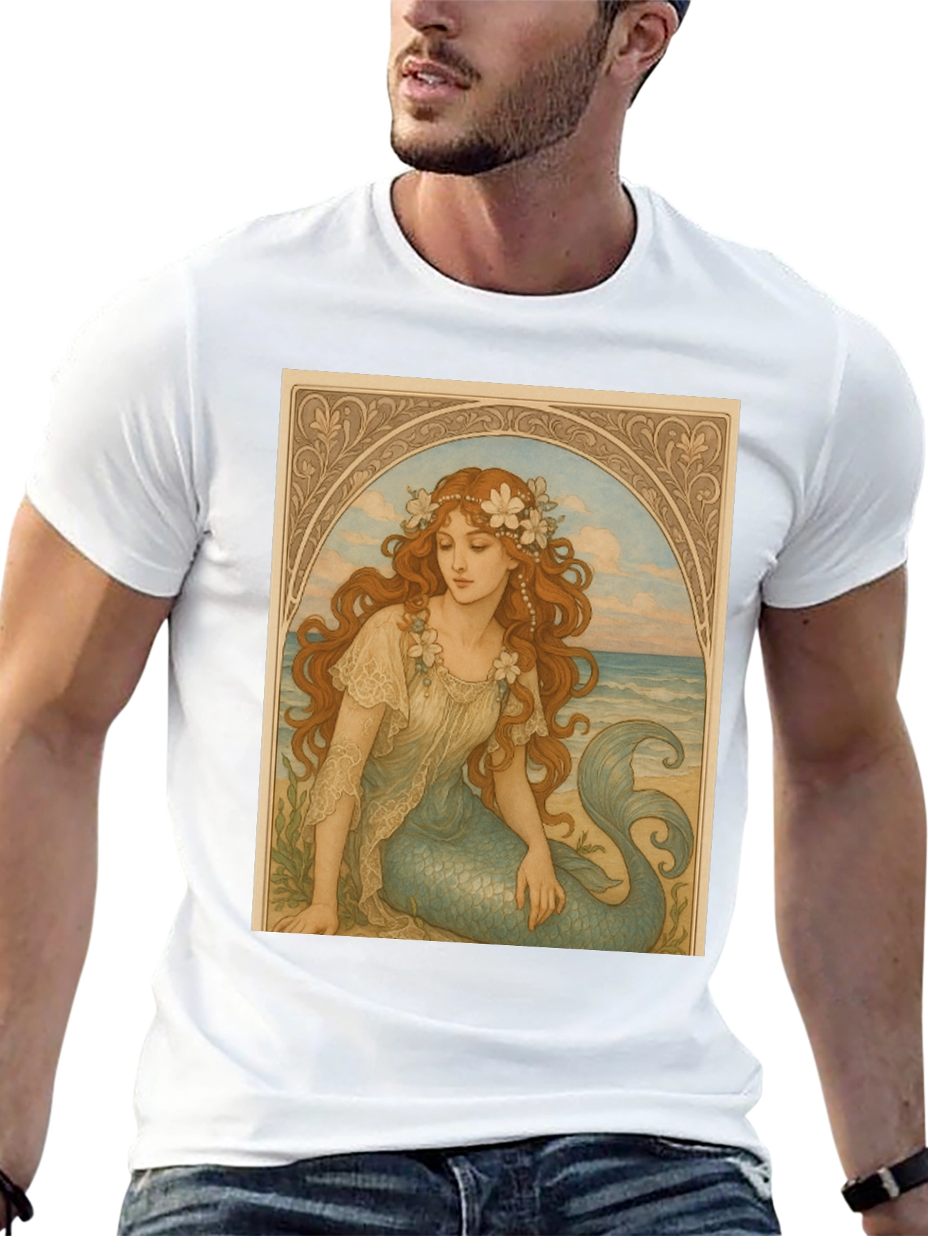 Black Mermaid Art Nouveau Graphic T-Shirt view 13