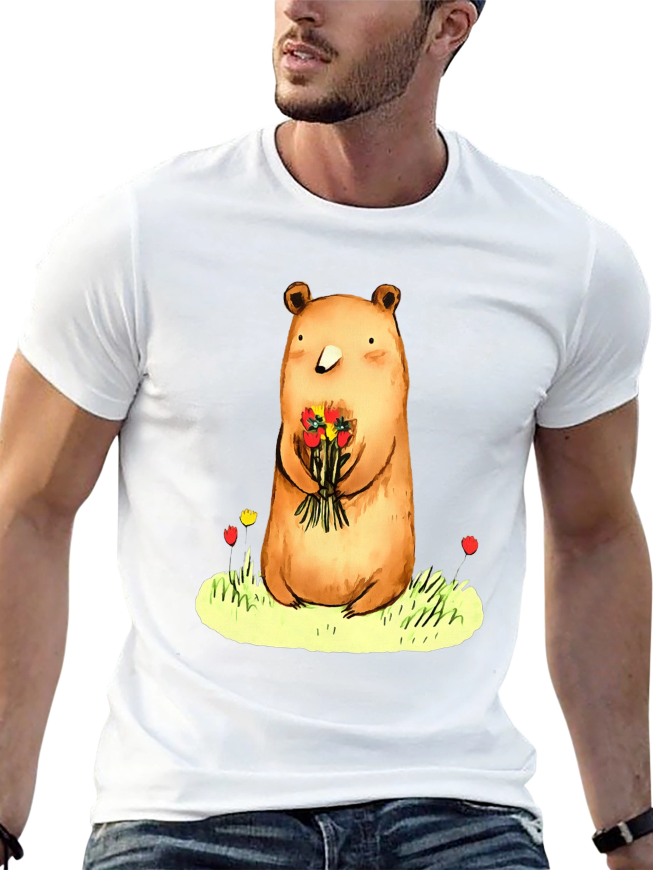 Black Bear with Flowers Graphic Tee - Soft Cotton Blend view 13