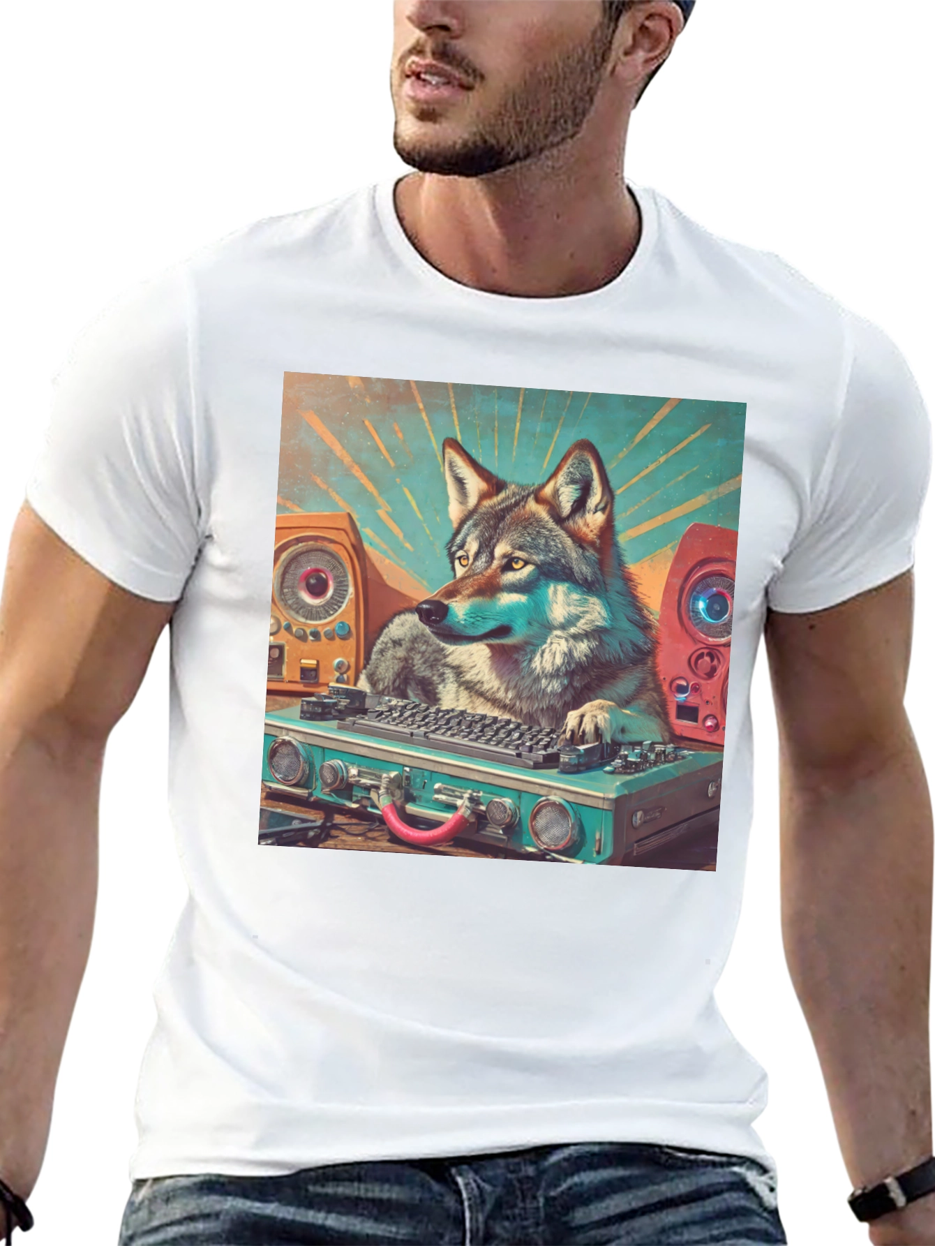 Black DJ Wolf Graphic Tee - Cool Animal Music Lover T-Shirt view 13