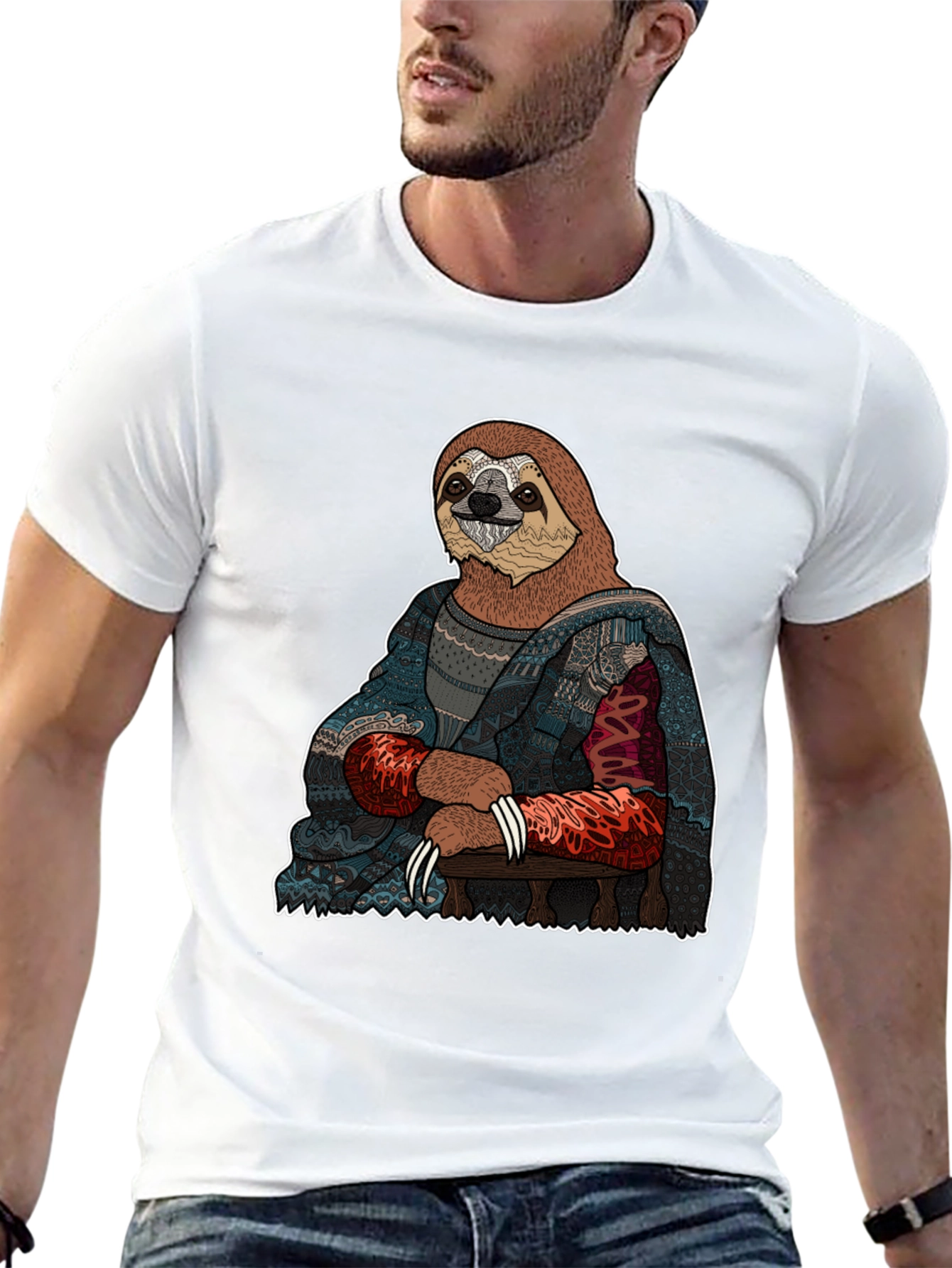 Black Sloth Mona Lisa T-Shirt - Artistic Funny Tee view 13