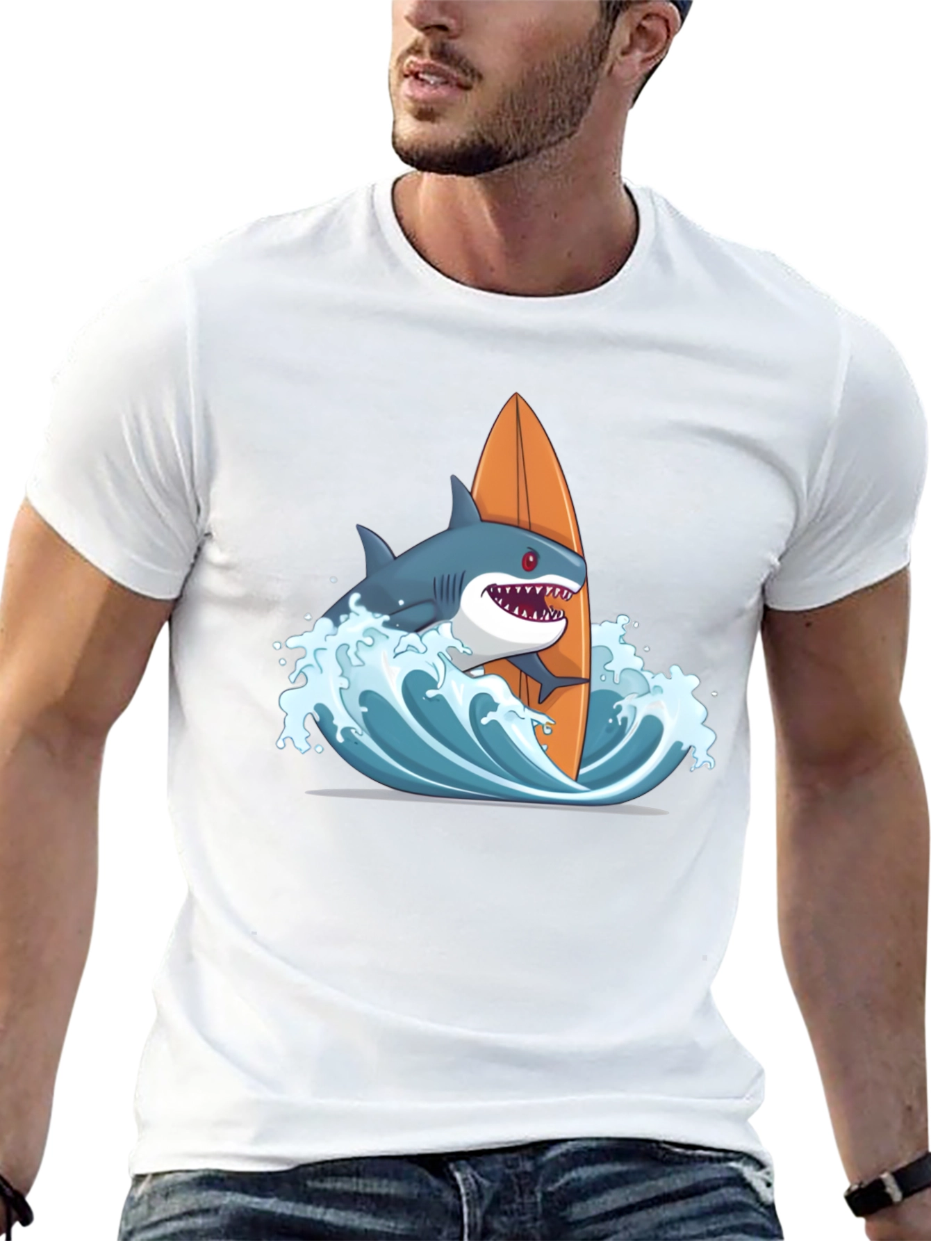 Black Shark Surfing Graphic T-Shirt - Black Cotton Tee view 13