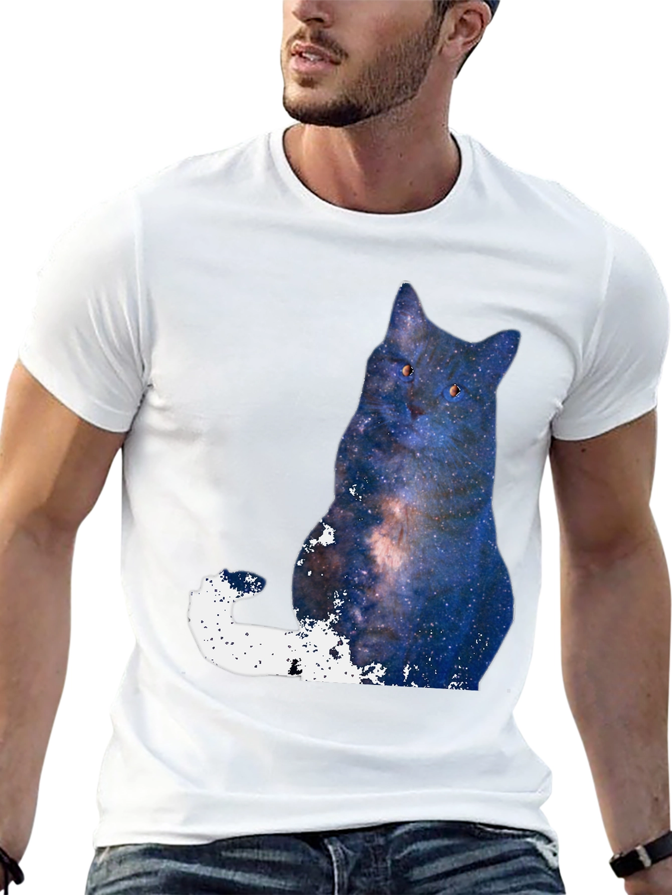 Black Galaxy Cat Graphic T-Shirt - Men's Black Tee view 13