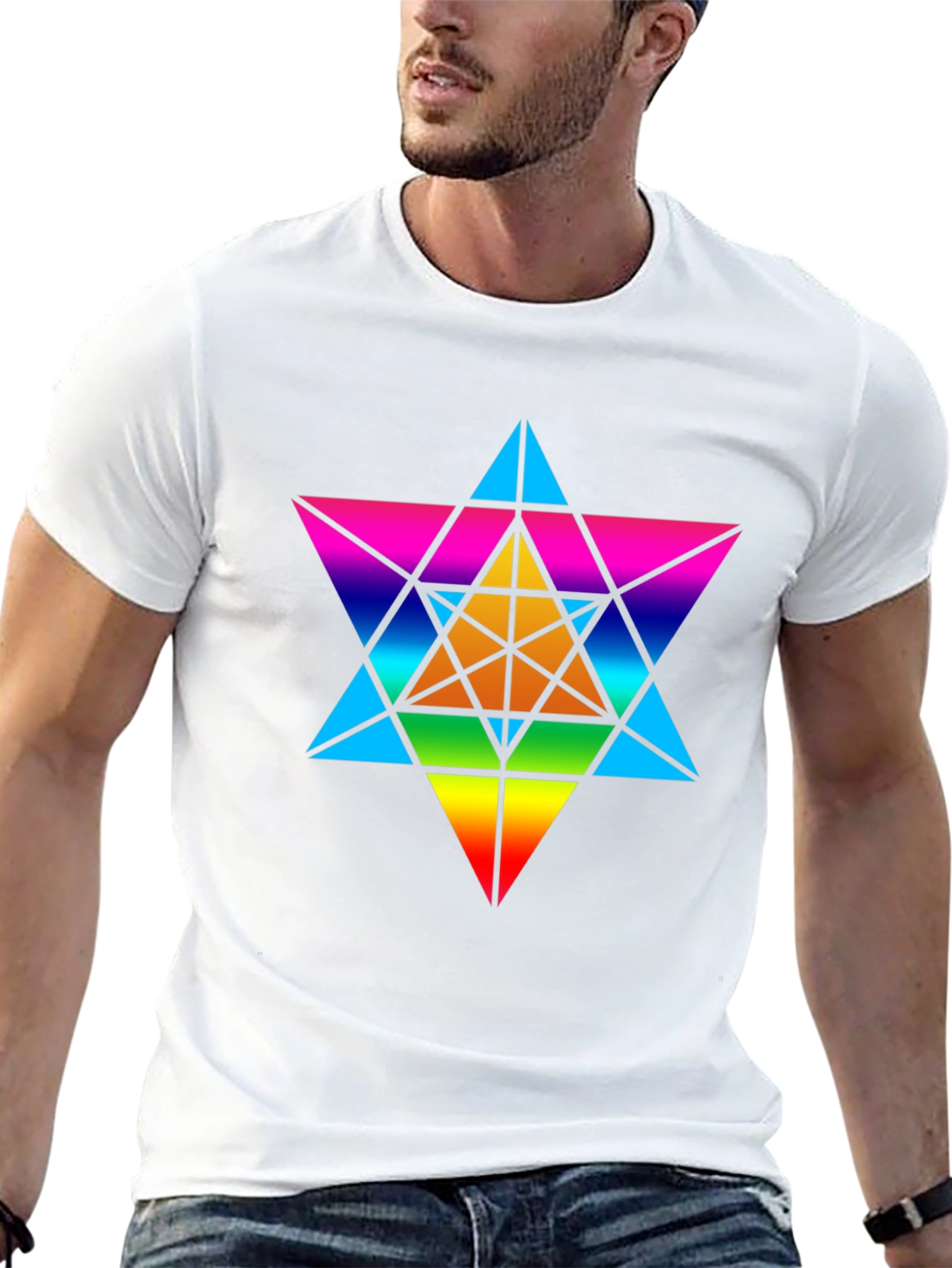 Black Rainbow Geometric Star T-Shirt - Unisex Black Tee view 13