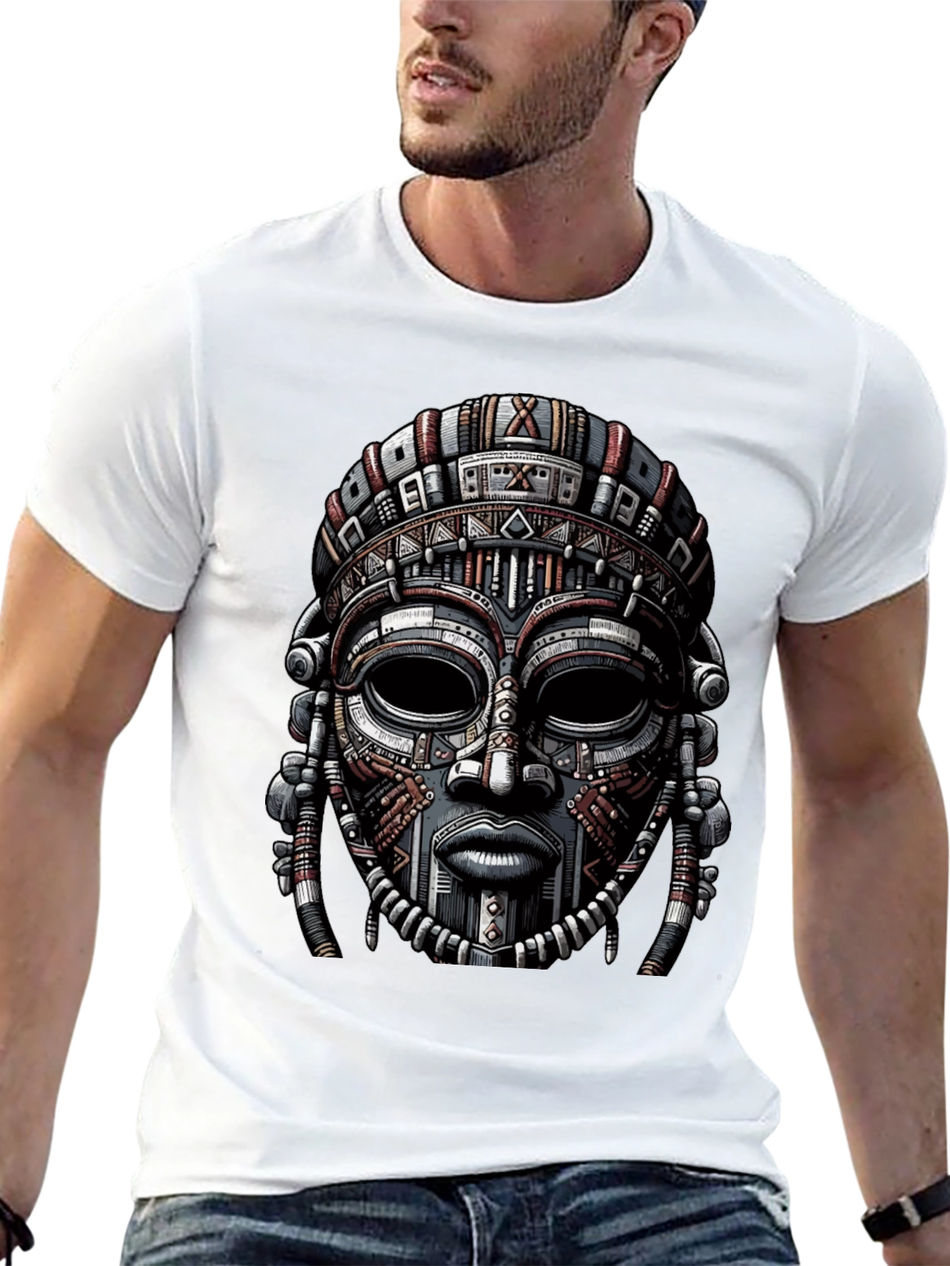 Black Tribal Mask Graphic Print T-Shirt view 13