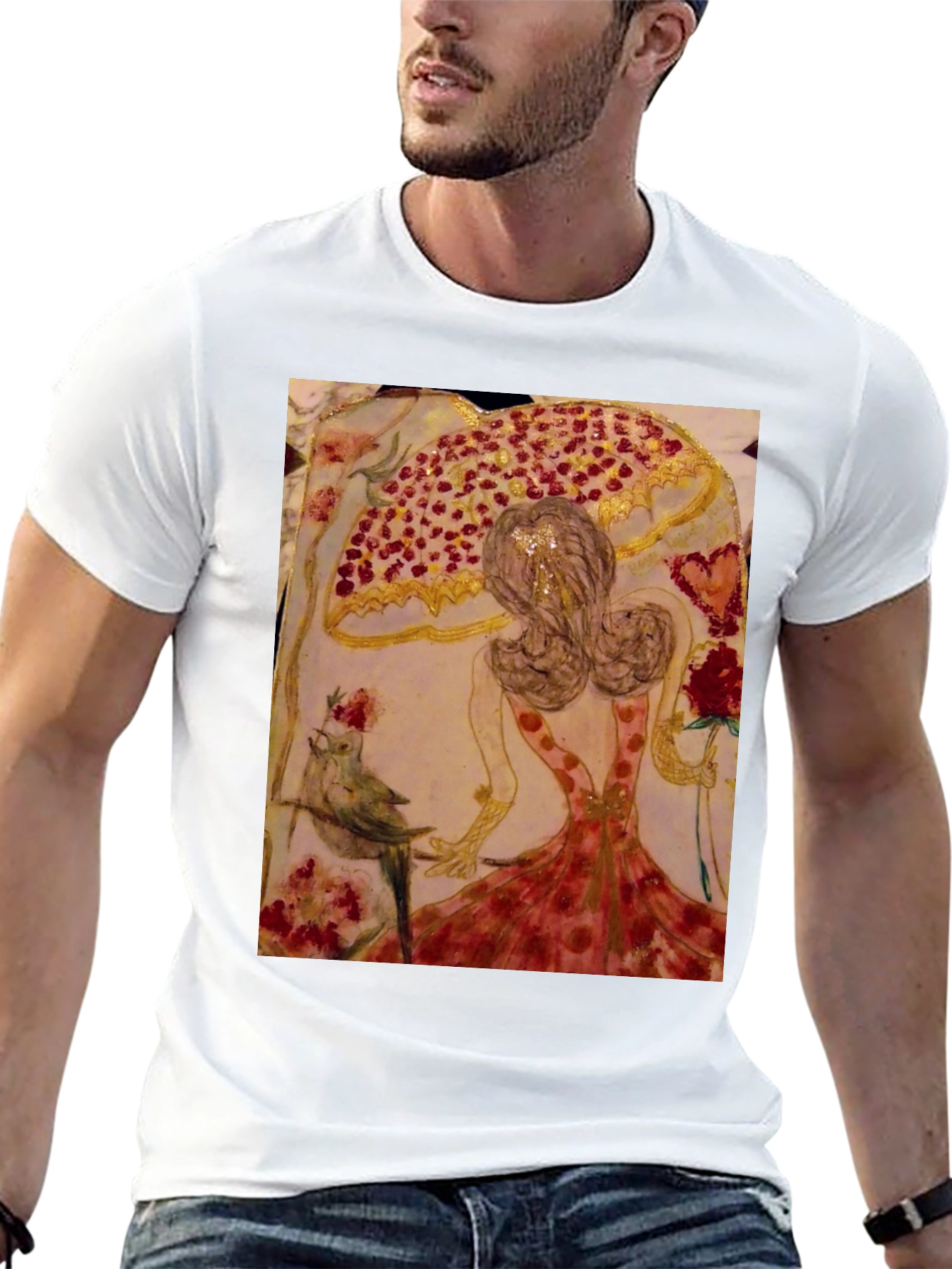 Black Whimsical Art T-Shirt: Bird, Roses, & Dancer view 13