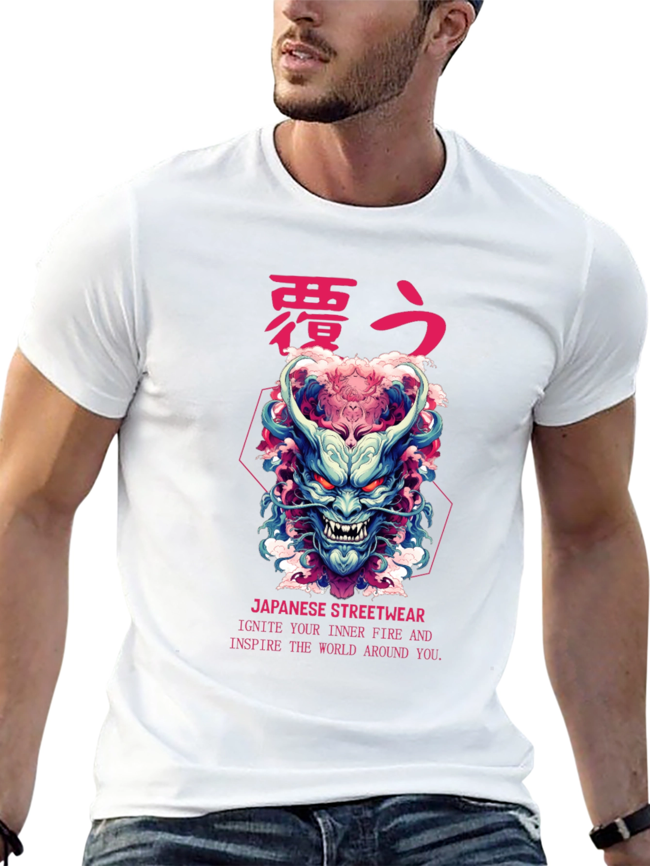 Black Japanese Oni Mask Graphic T-Shirt view 13