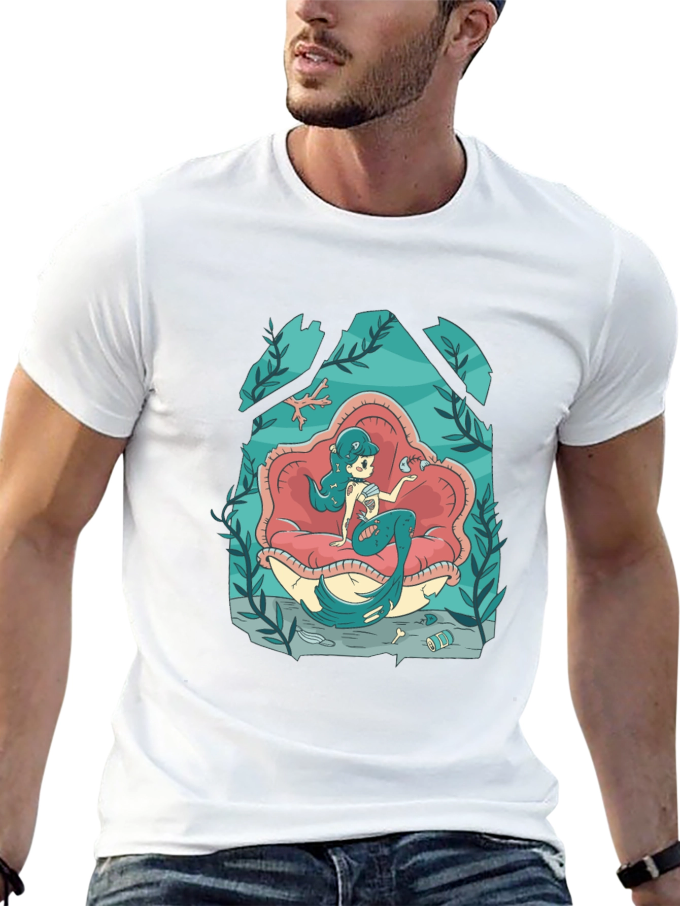Black Mermaid in Shell T-Shirt - Unique Graphic Tee view 13