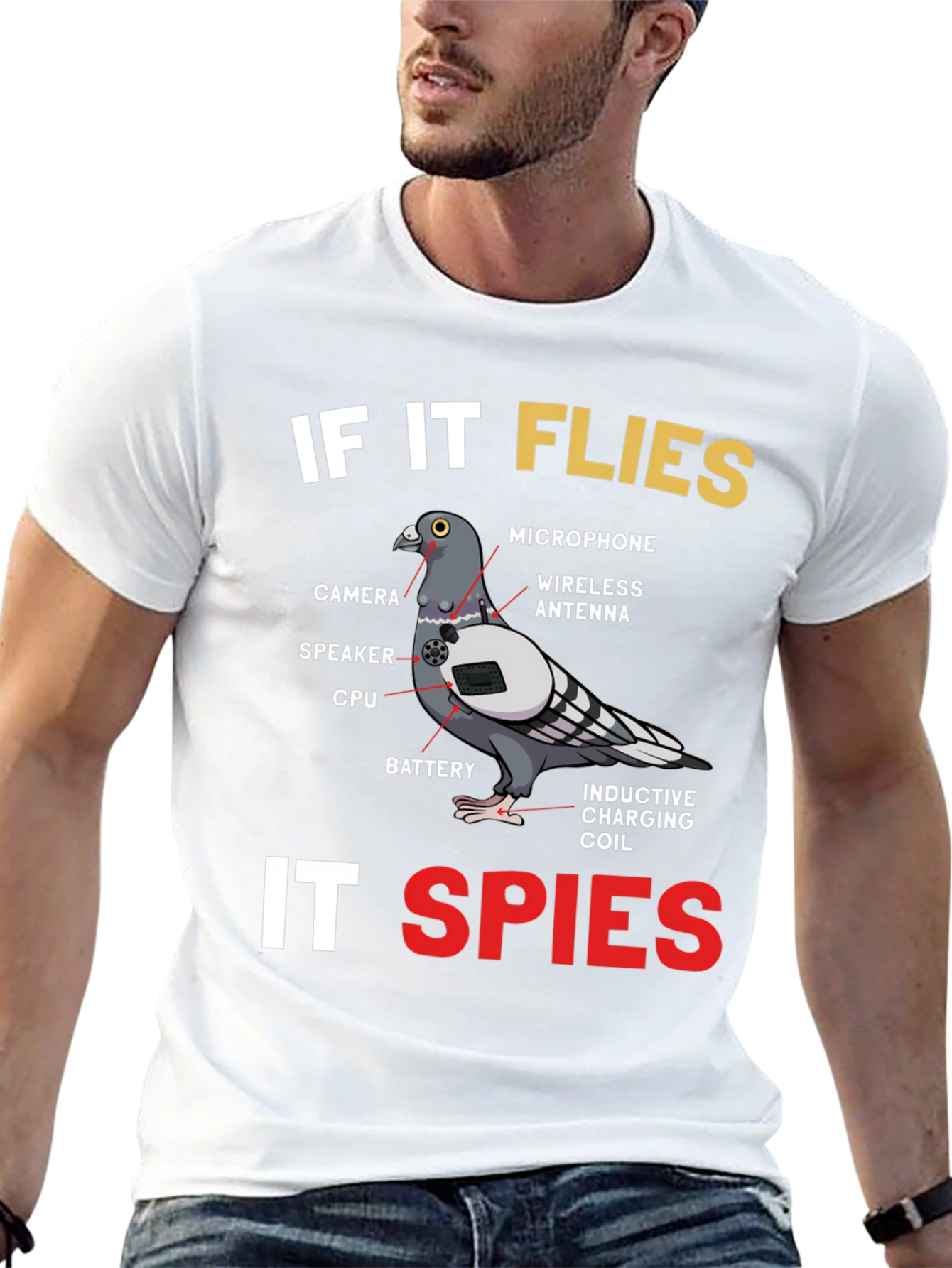 Black If It Flies It Spies Pigeon T-Shirt view 13