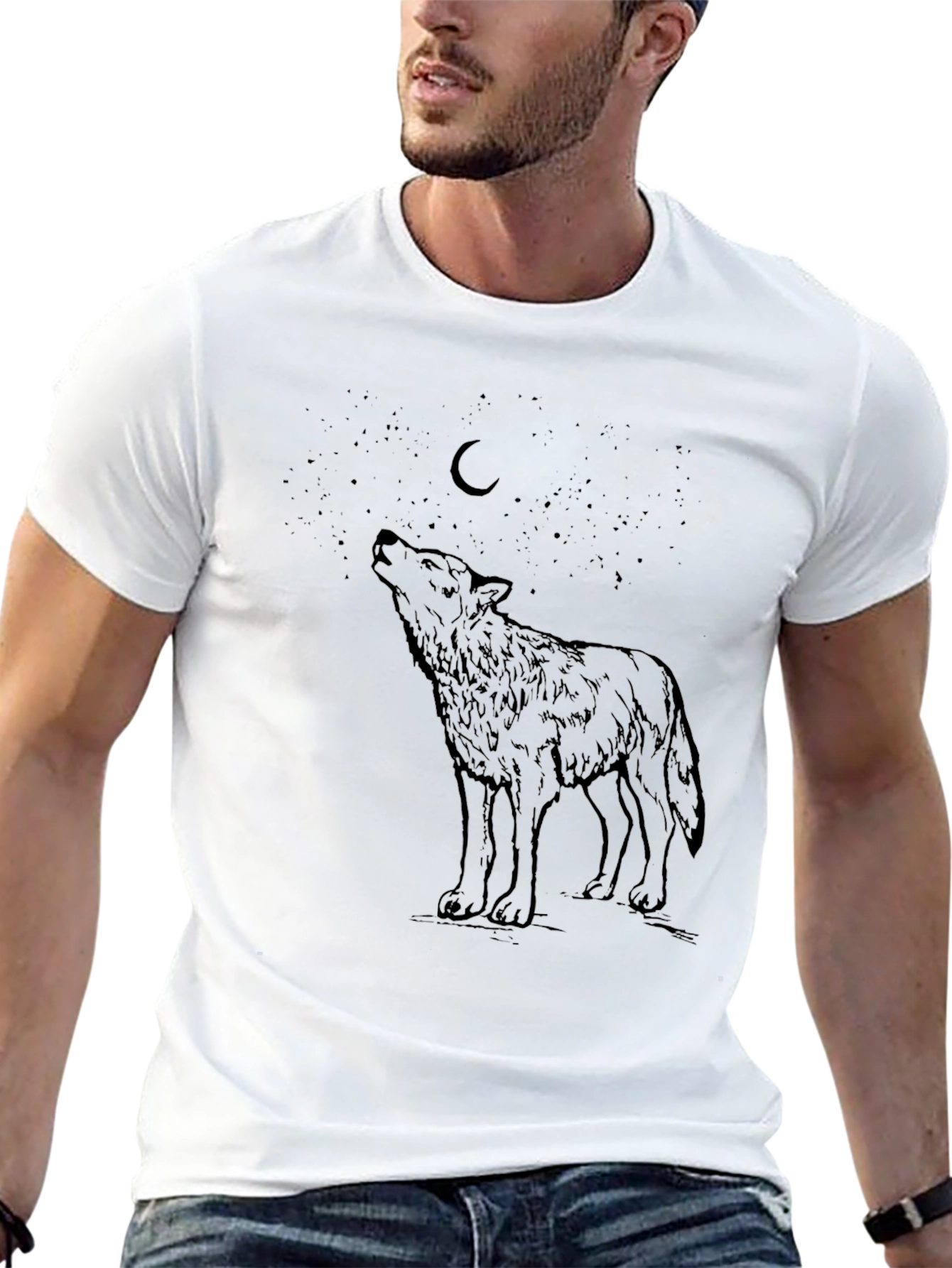 Black Wolf Howling at Moon Graphic Tee - Black Cotton Blend view 13