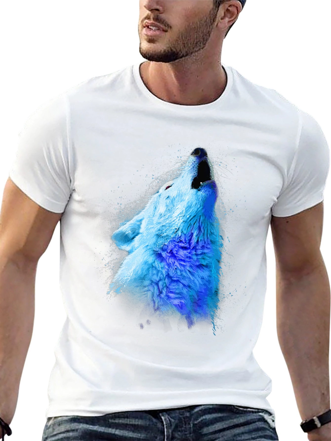 Black Blue Wolf Graphic Tee - Men's Black Crew Neck T-Shirt view 13