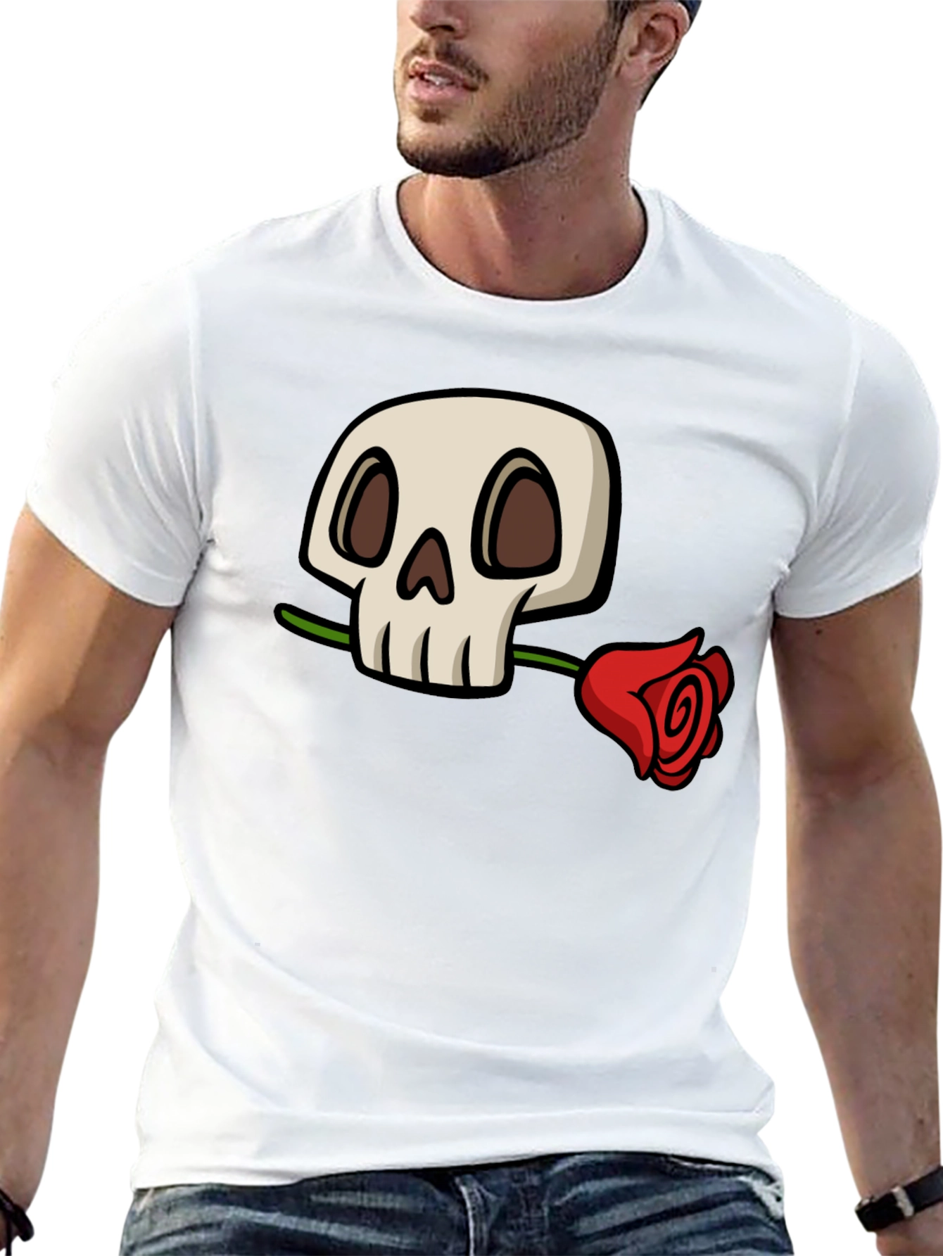 Black Skull and Rose Graphic T-Shirt - Cool Black Tee view 13